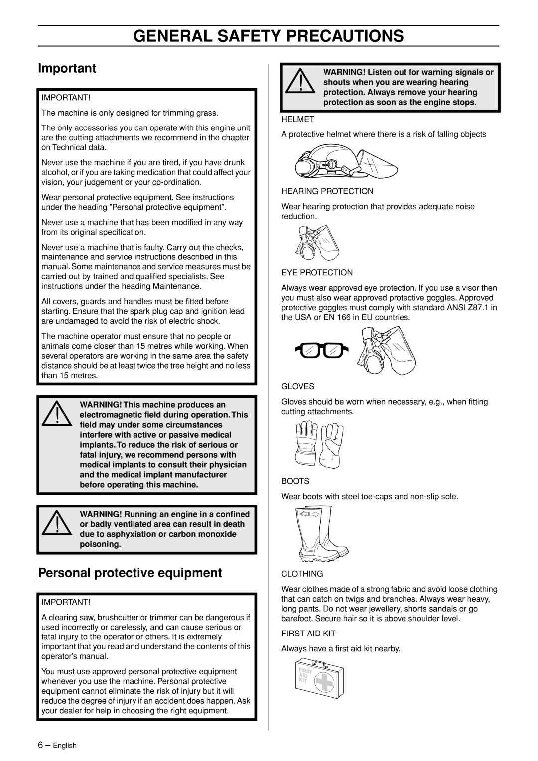 Jonsered BC2043, BC2053 manual General Safety Precautions, Personal protective equipment 