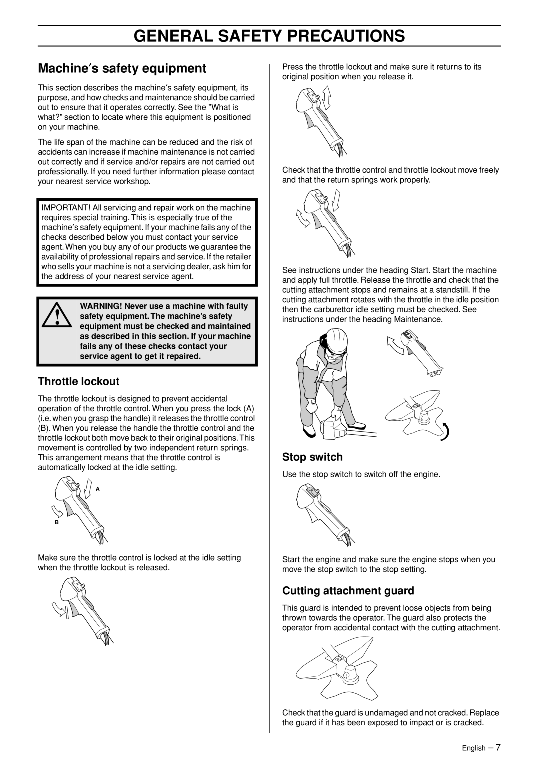 Jonsered BC2053, BC2043 manual Machine′s safety equipment, Throttle lockout, Stop switch, Cutting attachment guard 
