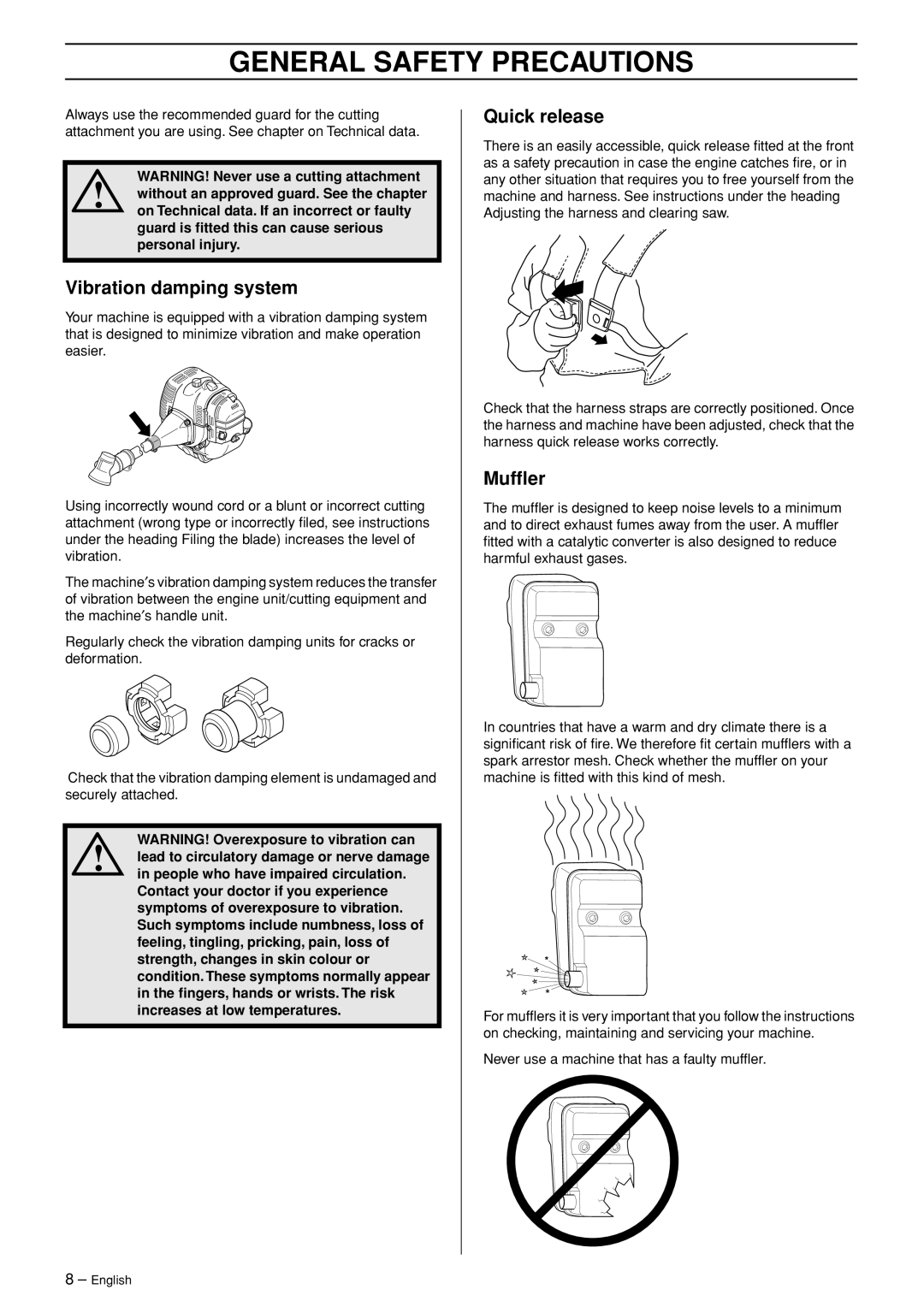 Jonsered BC2043, BC2053 manual Vibration damping system, Quick release, Mufﬂer 