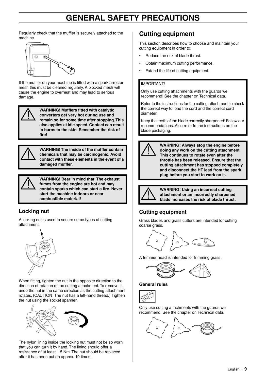 Jonsered BC2053, BC2043 manual Cutting equipment, Locking nut, General rules 