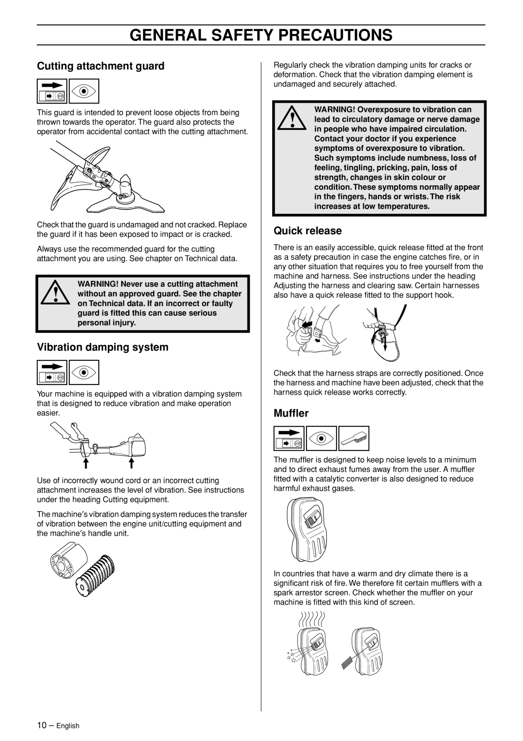 Jonsered CC 2145 General Safety Precautions, Cutting attachment guard, Vibration damping system, Quick release, Mufﬂer 