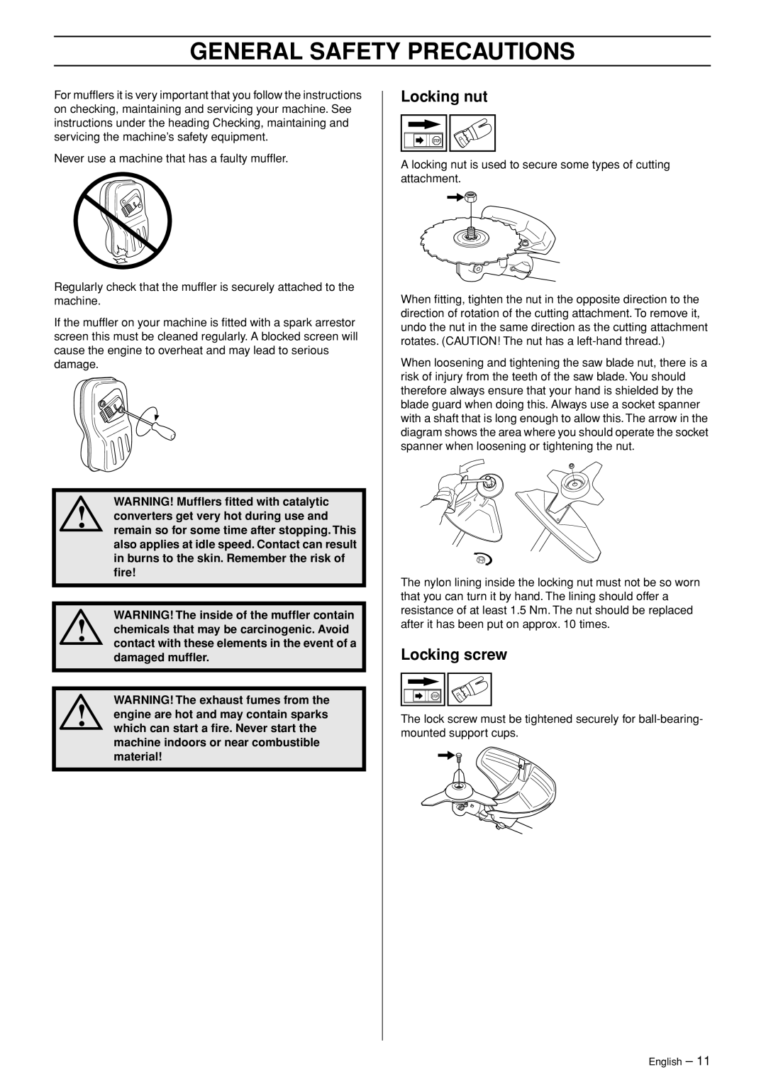 Jonsered CC 2145 manual General Safety Precautions, Locking nut, Locking screw, WARNING! Mufﬂers ﬁtted with catalytic 