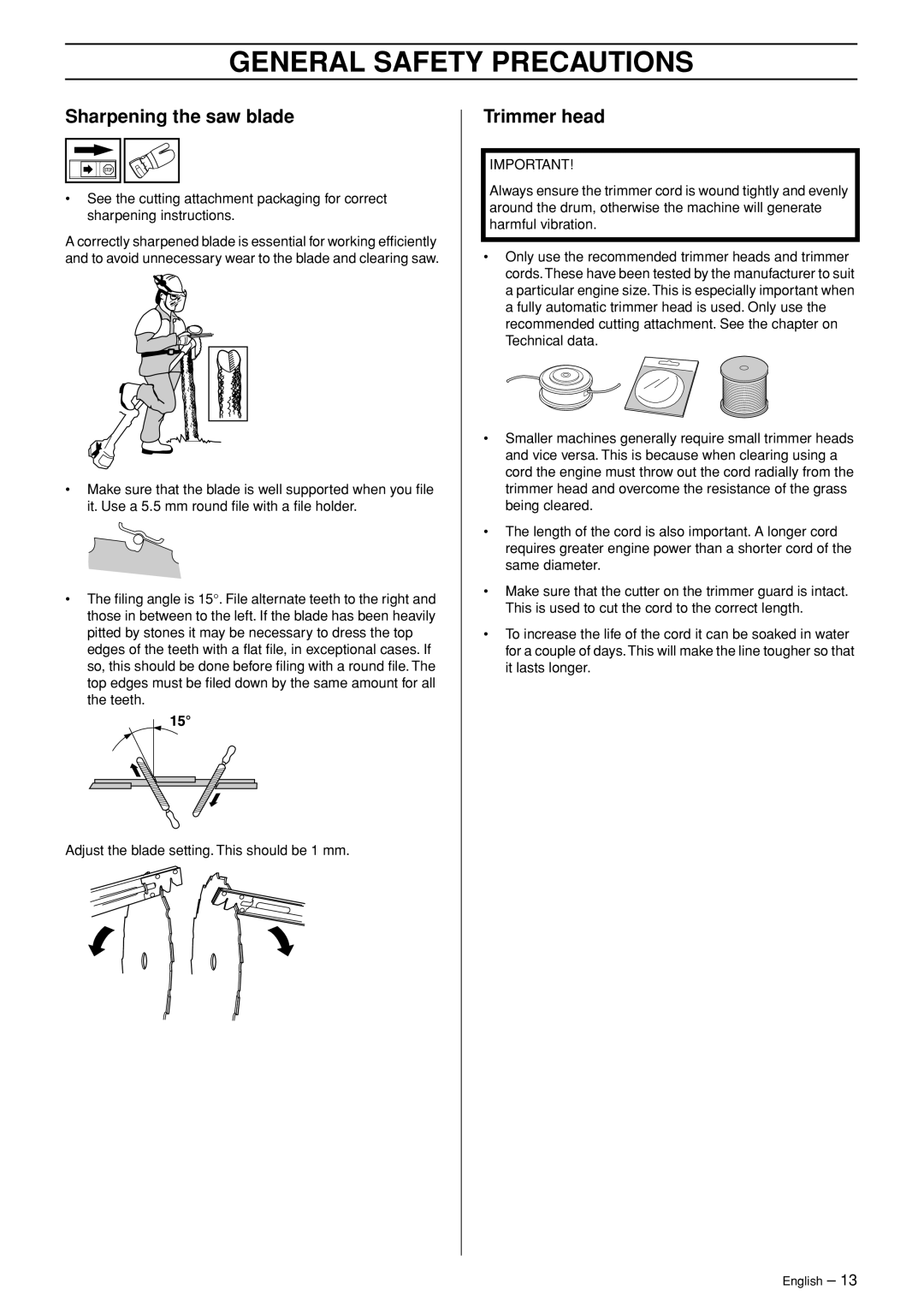 Jonsered CC 2145 manual General Safety Precautions, Sharpening the saw blade, Trimmer head 