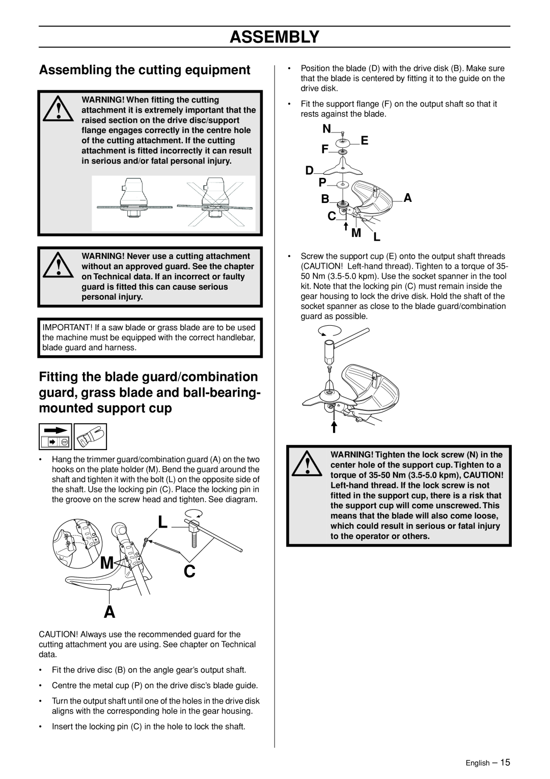 Jonsered CC 2145 manual L M C A, Assembling the cutting equipment, Assembly, N E F P Ba C, WARNING! When ﬁtting the cutting 