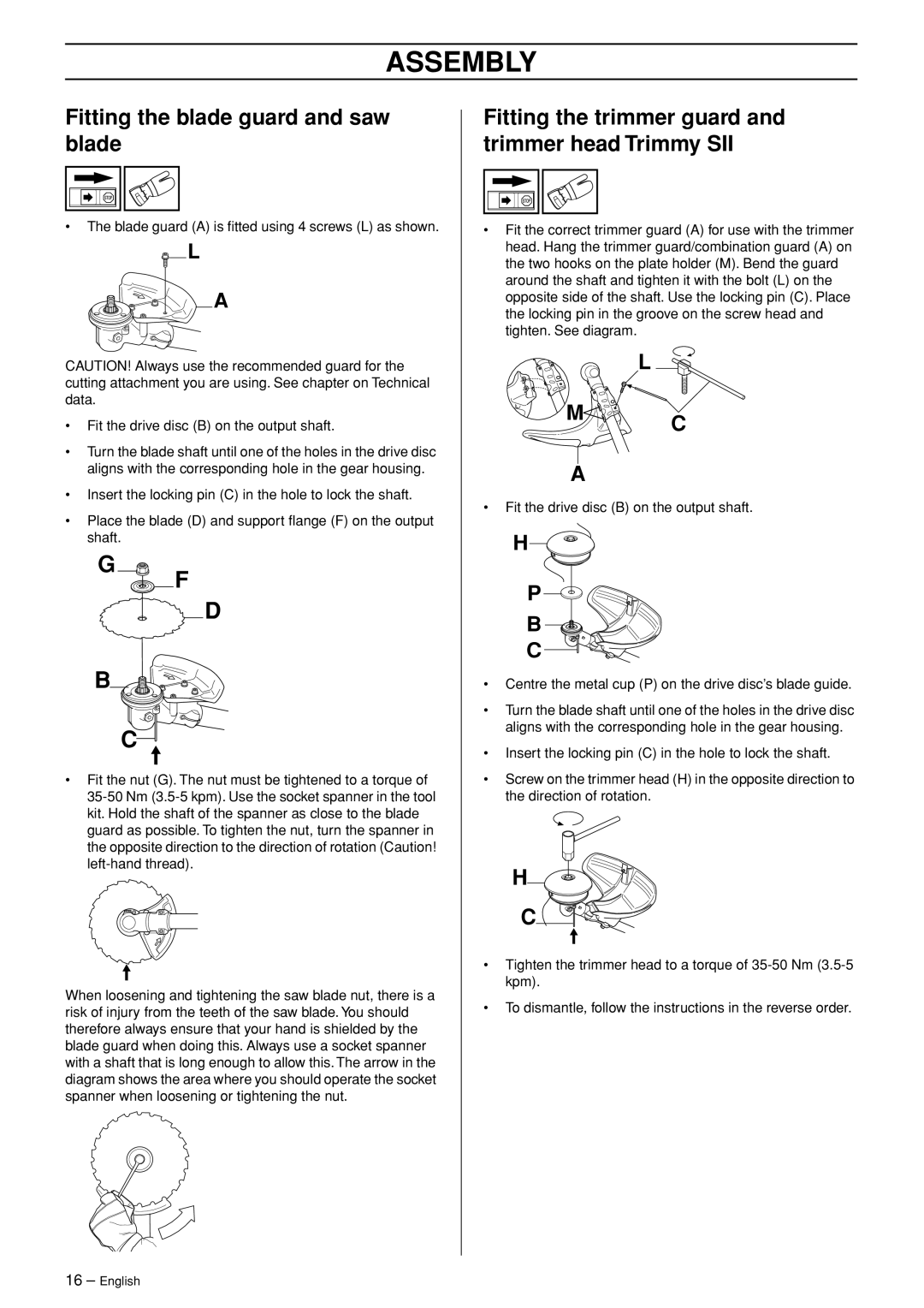 Jonsered CC 2145 Fitting the blade guard and saw blade, Fitting the trimmer guard and trimmer head Trimmy SII, L M C A 