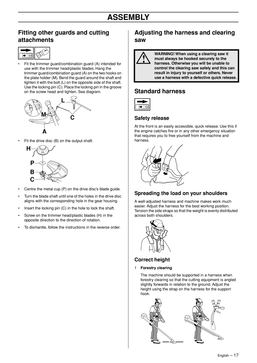 Jonsered CC 2145 Fitting other guards and cutting attachments, Adjusting the harness and clearing saw, Standard harness 