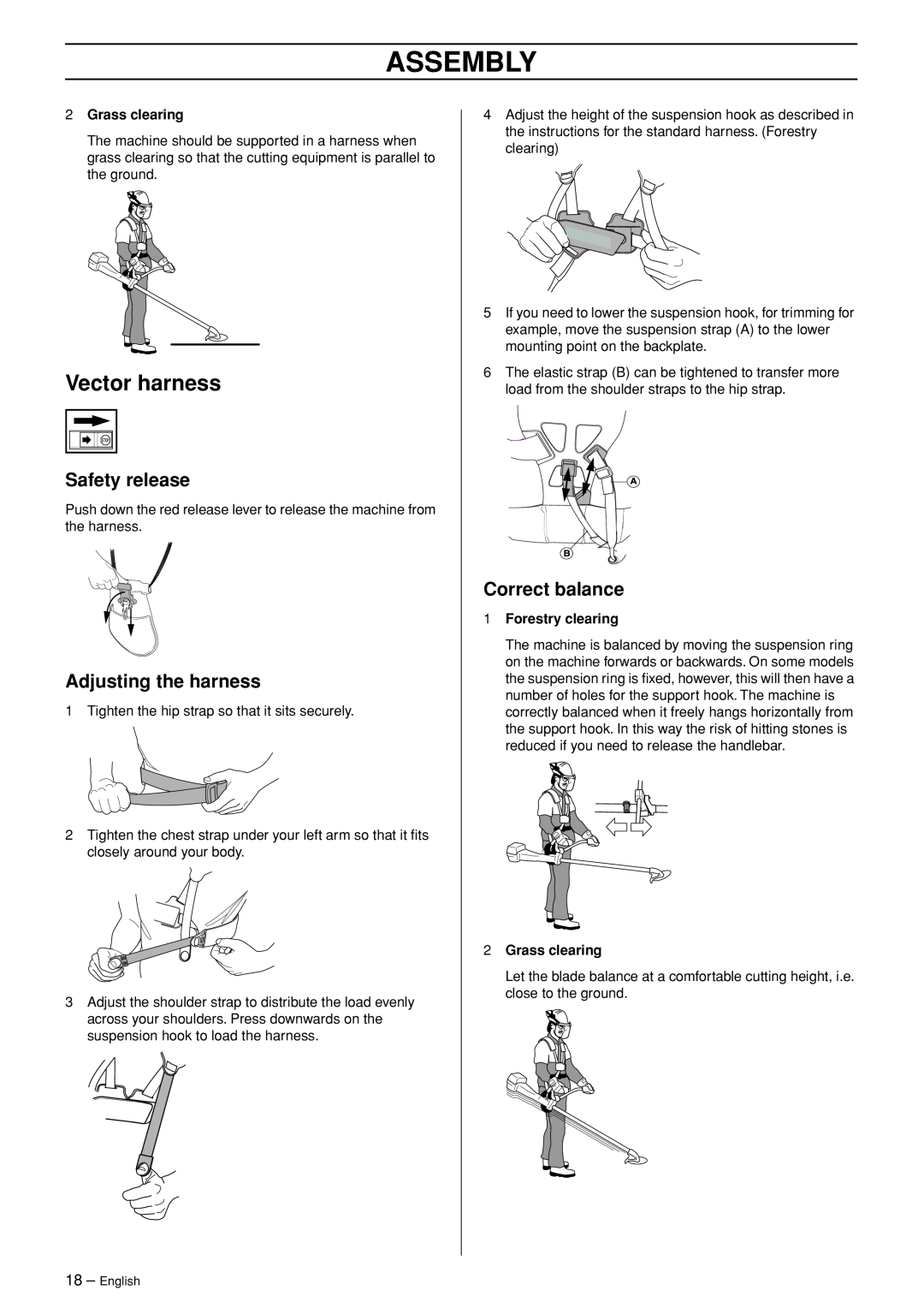 Jonsered CC 2145 manual Vector harness, Assembly, Grass clearing, Forestry clearing 