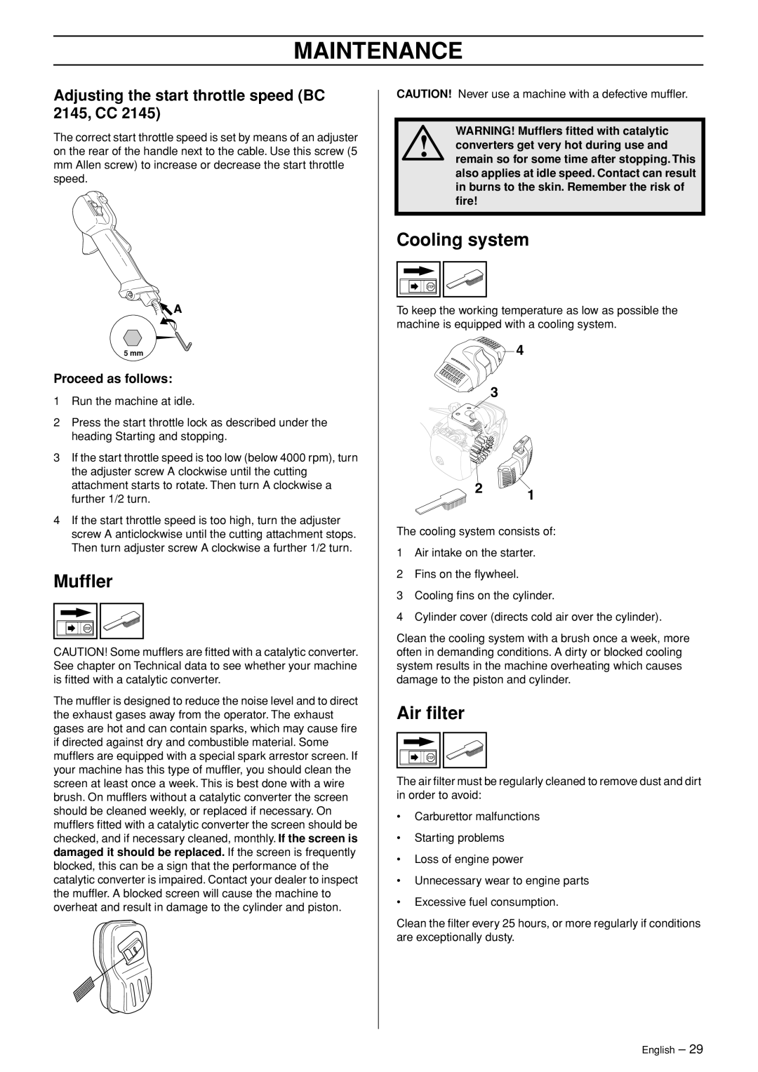 Jonsered CC 2145 Cooling system, Air ﬁlter, Maintenance, Proceed as follows, WARNING! Mufﬂers ﬁtted with catalytic 