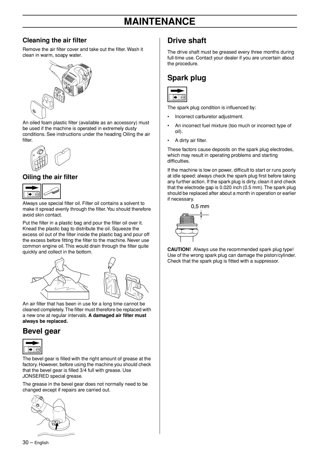 Jonsered CC 2145 manual Bevel gear, Drive shaft, Spark plug, Maintenance, Cleaning the air ﬁlter, Oiling the air ﬁlter 