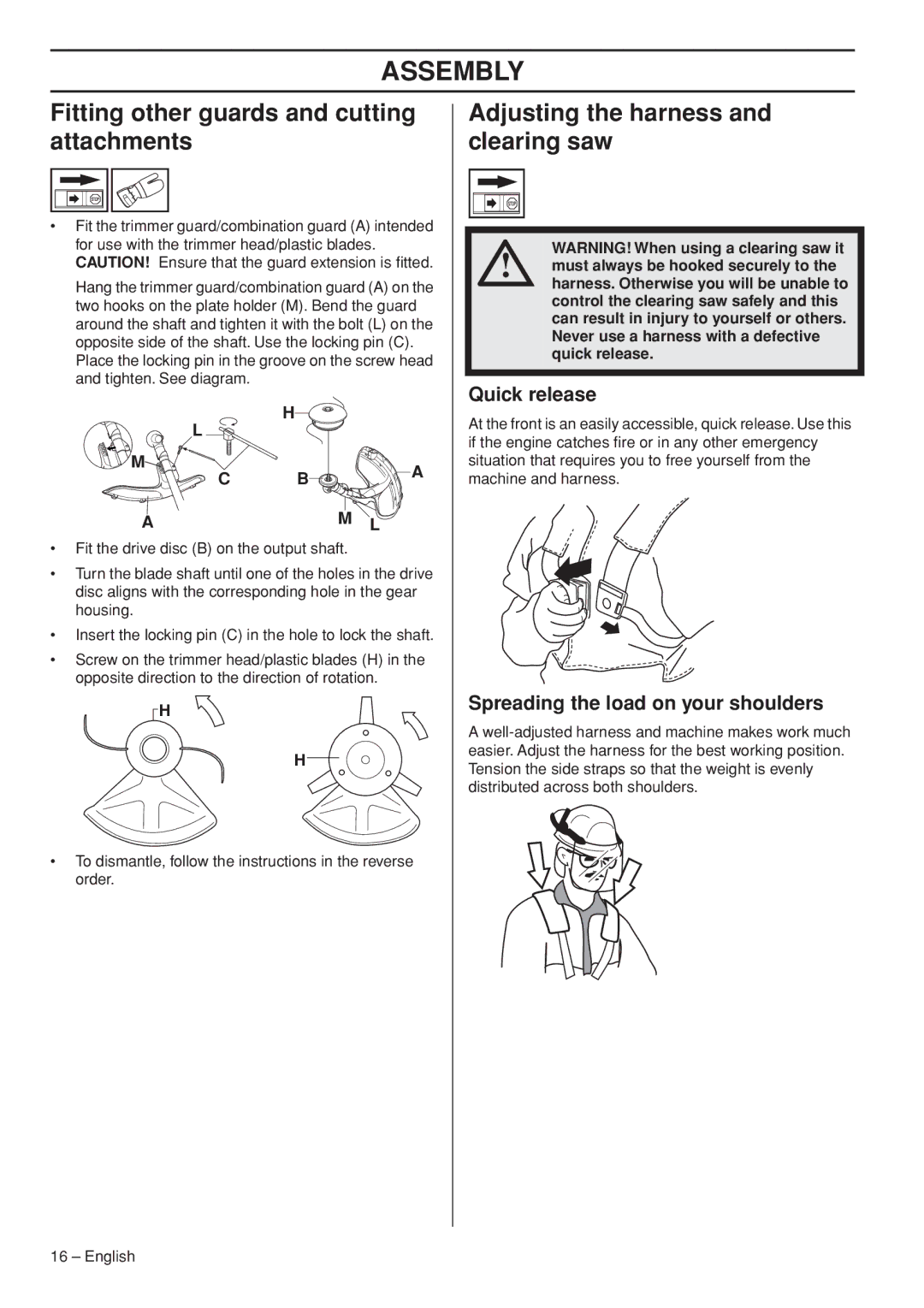 Jonsered CC2036 manual Fitting other guards and cutting attachments, Adjusting the harness and clearing saw 