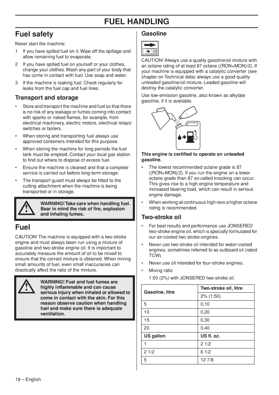 Jonsered CC2036 manual Fuel Handling, Fuel safety 