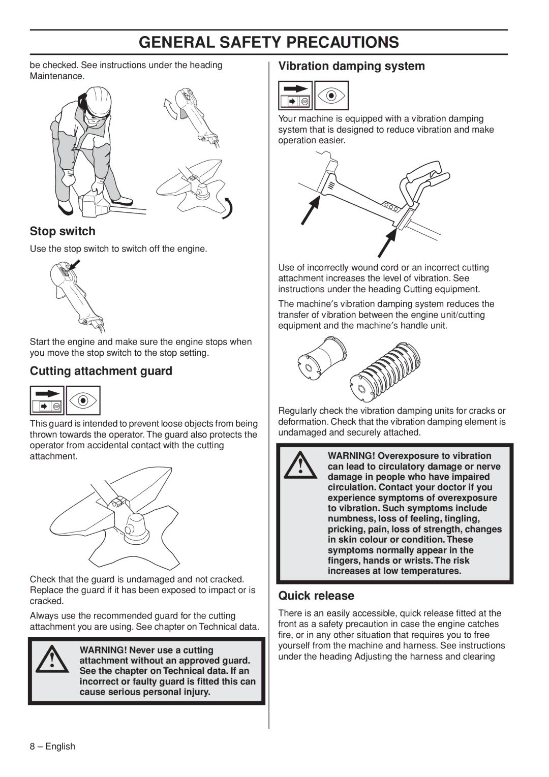 Jonsered CC2036 manual Stop switch, Cutting attachment guard, Vibration damping system, Quick release 