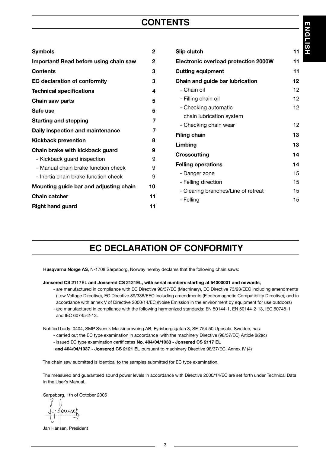 Jonsered CS 2117 EL, CS 2121 EL manual Contents, EC Declaration of Conformity 