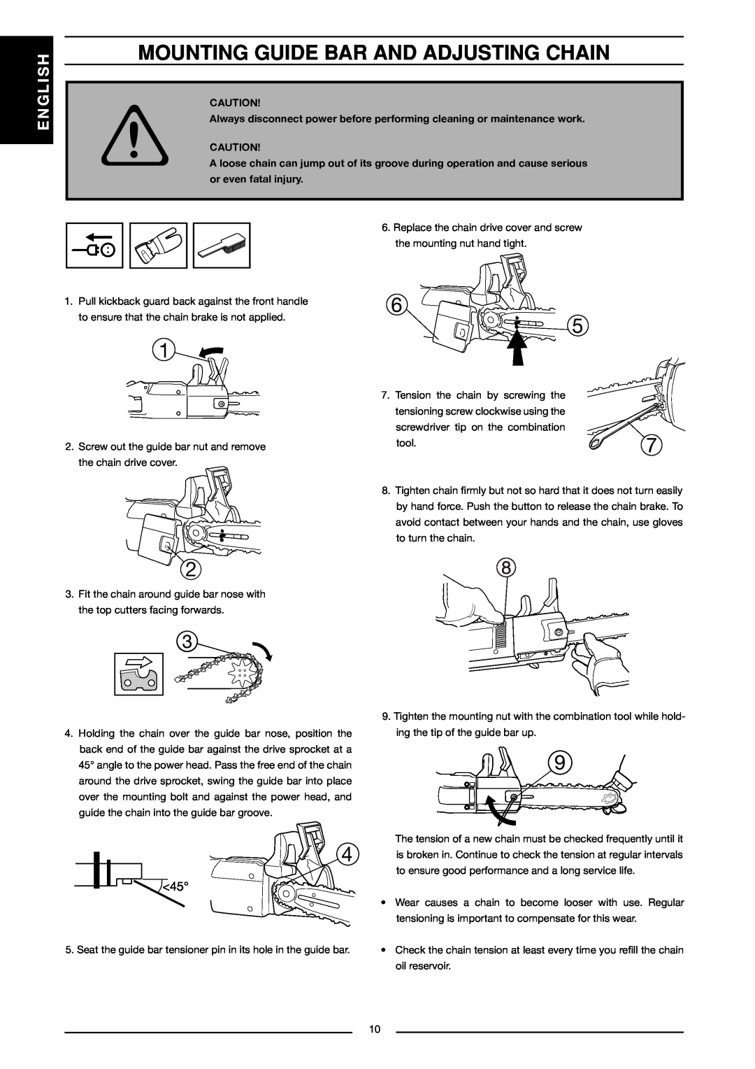 Jonsered CS 2121 EL, CS 2117 EL manual Mounting Guide Bar And Adjusting Chain, English 