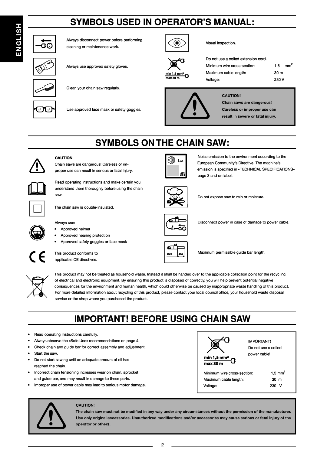 Jonsered CS 2121 EL manual Symbols Used In Operator’S Manual, Symbols On The Chain Saw, Important! Before Using Chain Saw 
