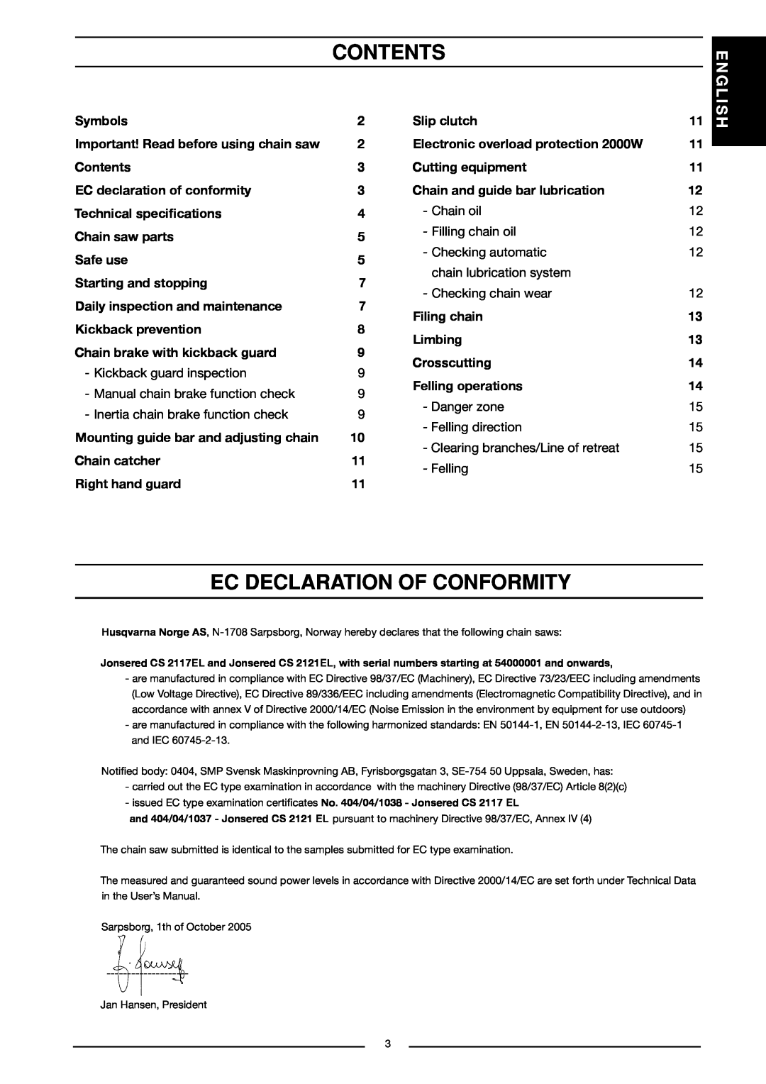 Jonsered CS 2117 EL, CS 2121 EL manual Contents, Ec Declaration Of Conformity, English 