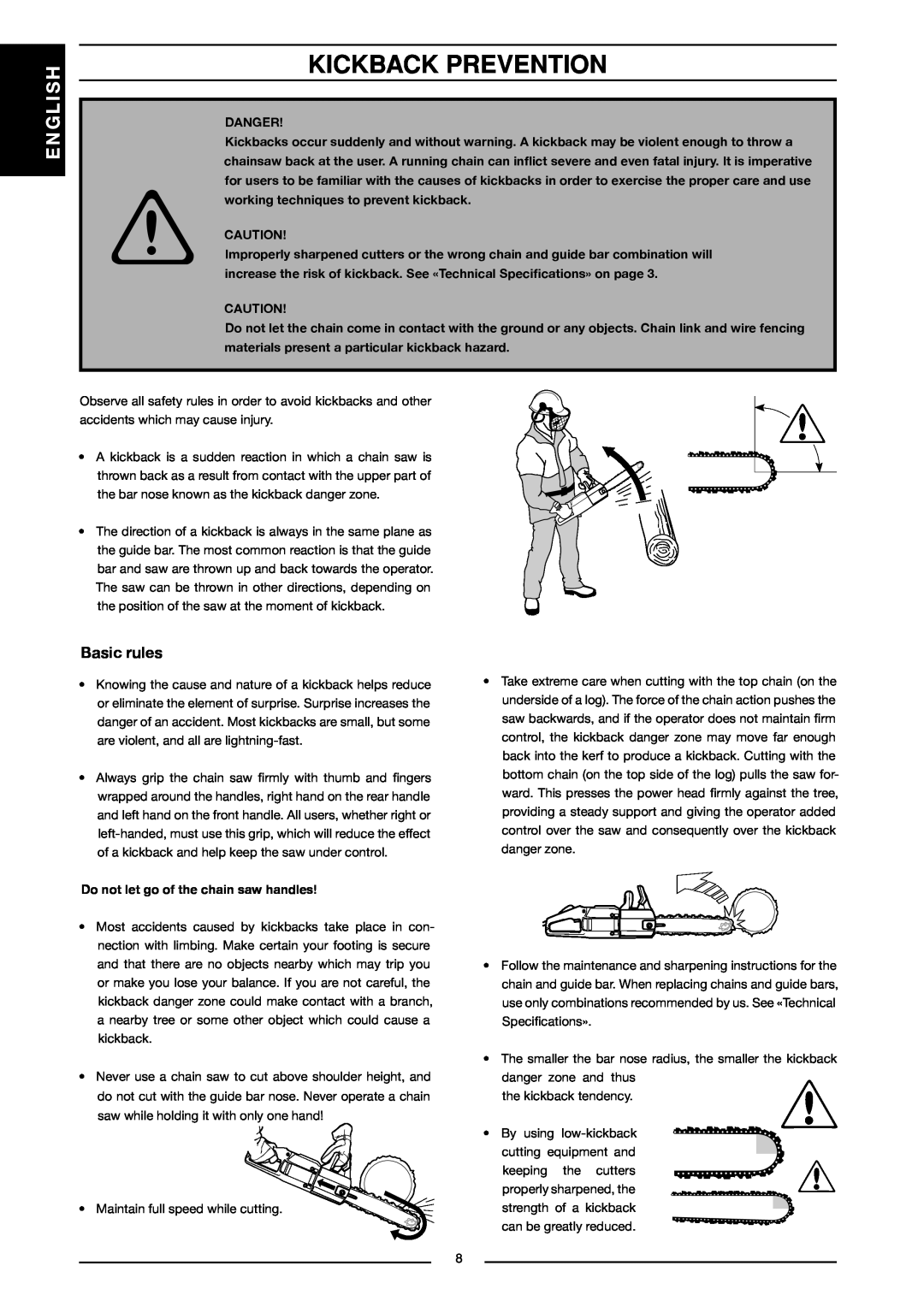 Jonsered CS 2121 EL, CS 2117 EL manual Kickback Prevention, English, Basic rules 