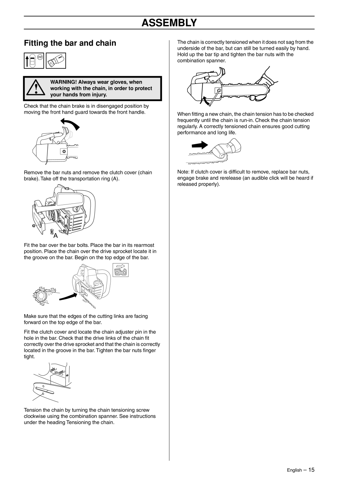 Jonsered CS 2135T manual Assembly, Fitting the bar and chain 