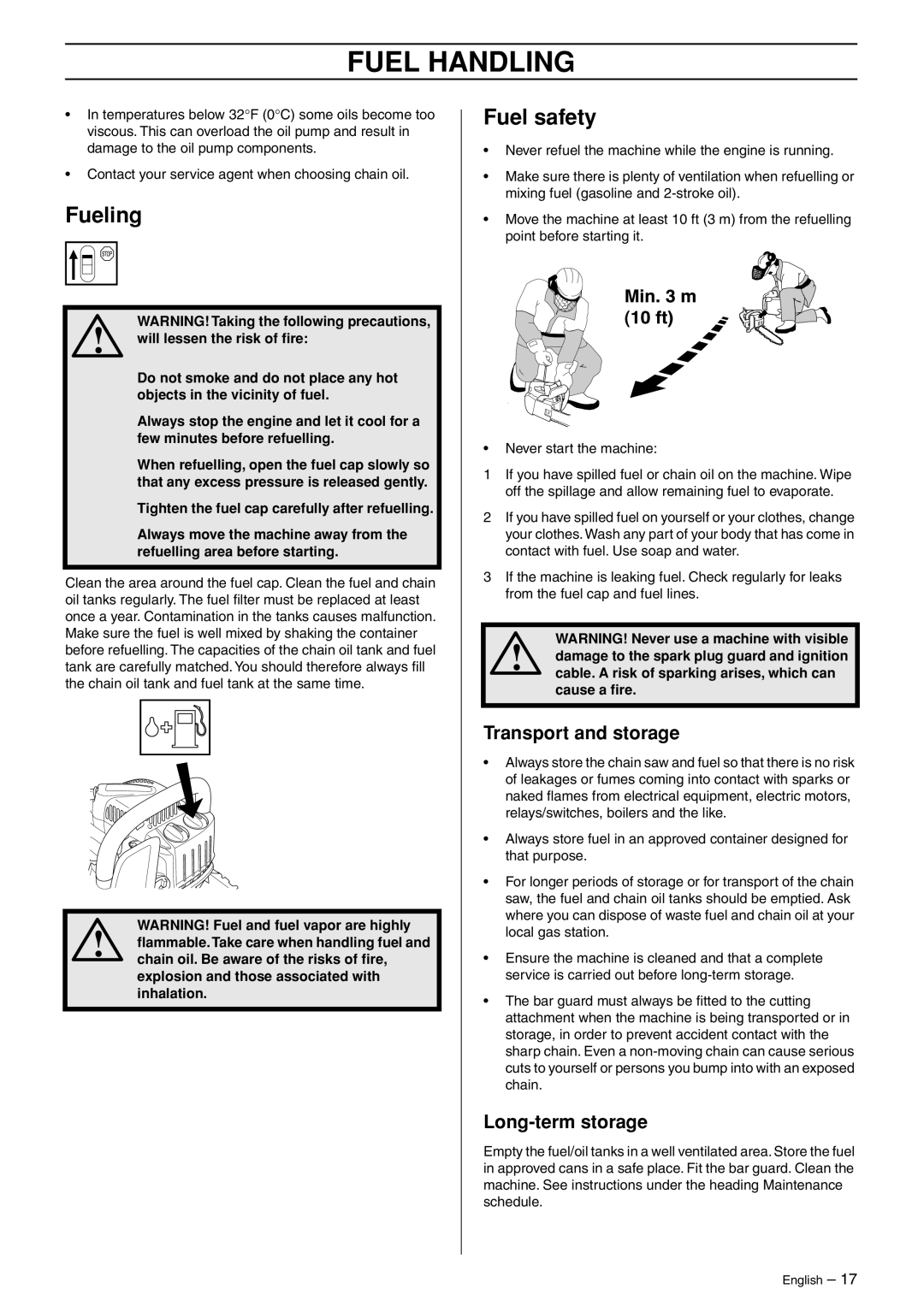 Jonsered CS 2135T manual Fueling, Fuel safety, Transport and storage, Long-term storage 