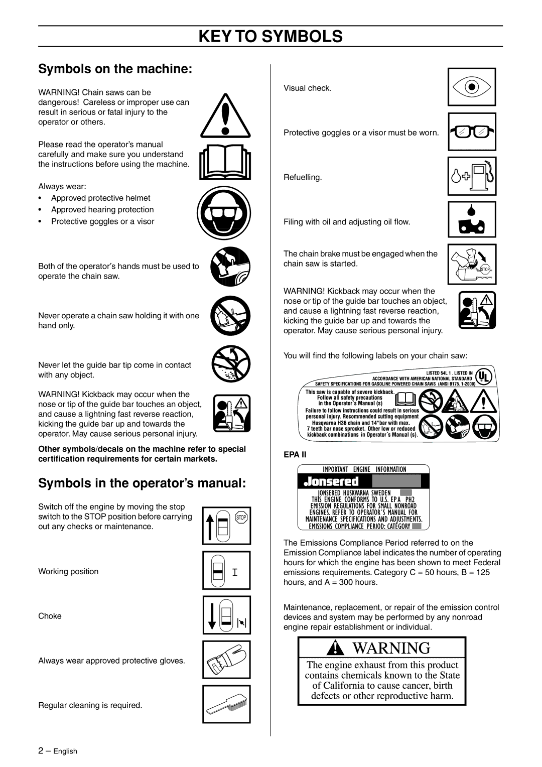 Jonsered CS 2135T KEY to Symbols, Symbols on the machine, Symbols in the operator’s manual 