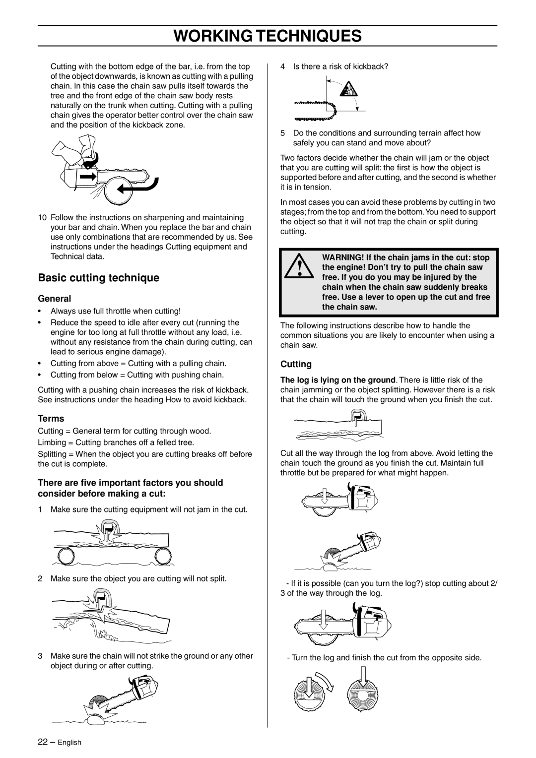 Jonsered CS 2135T manual Basic cutting technique, General, Terms, Cutting 