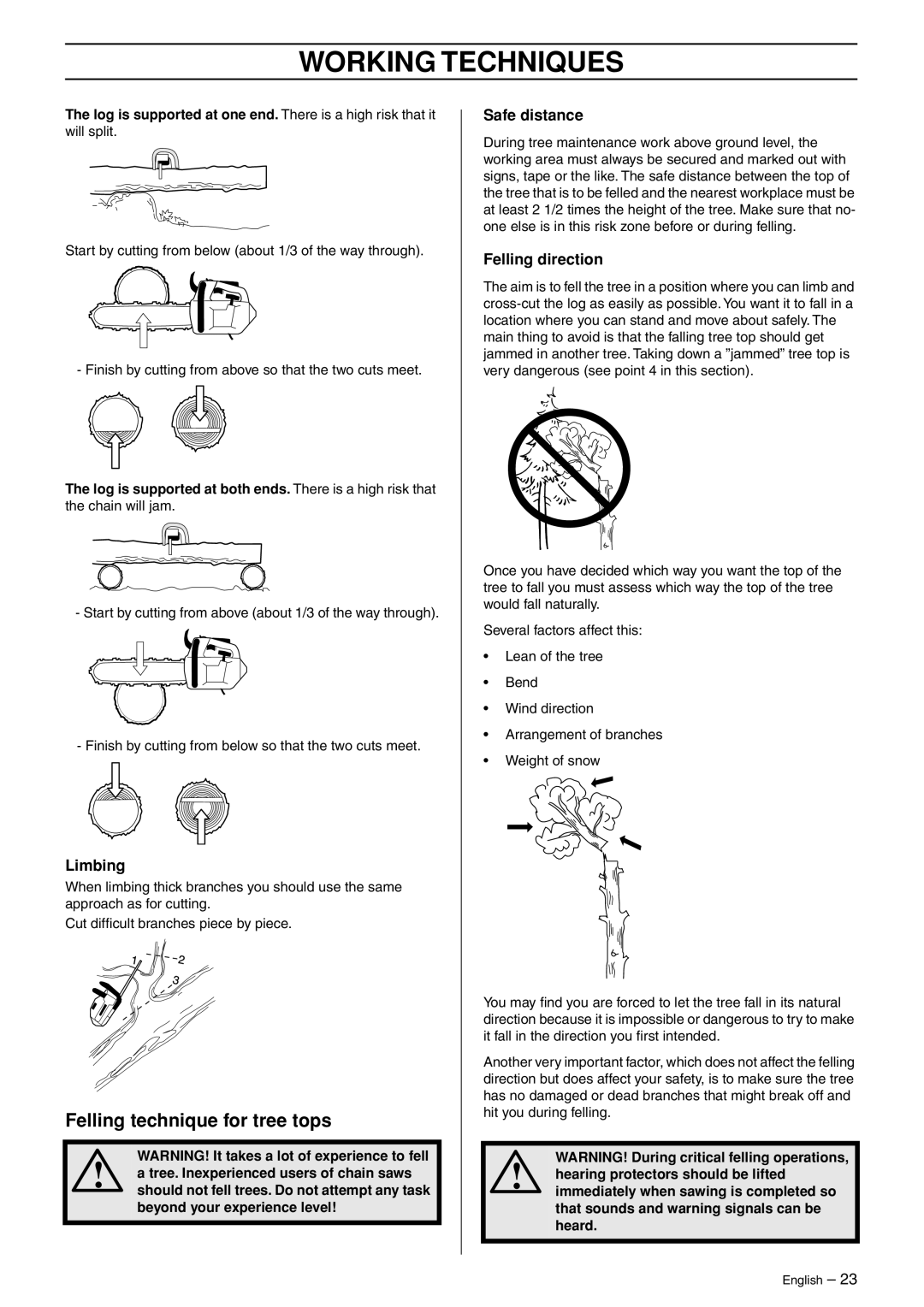 Jonsered CS 2135T manual Felling technique for tree tops, Limbing, Safe distance, Felling direction 