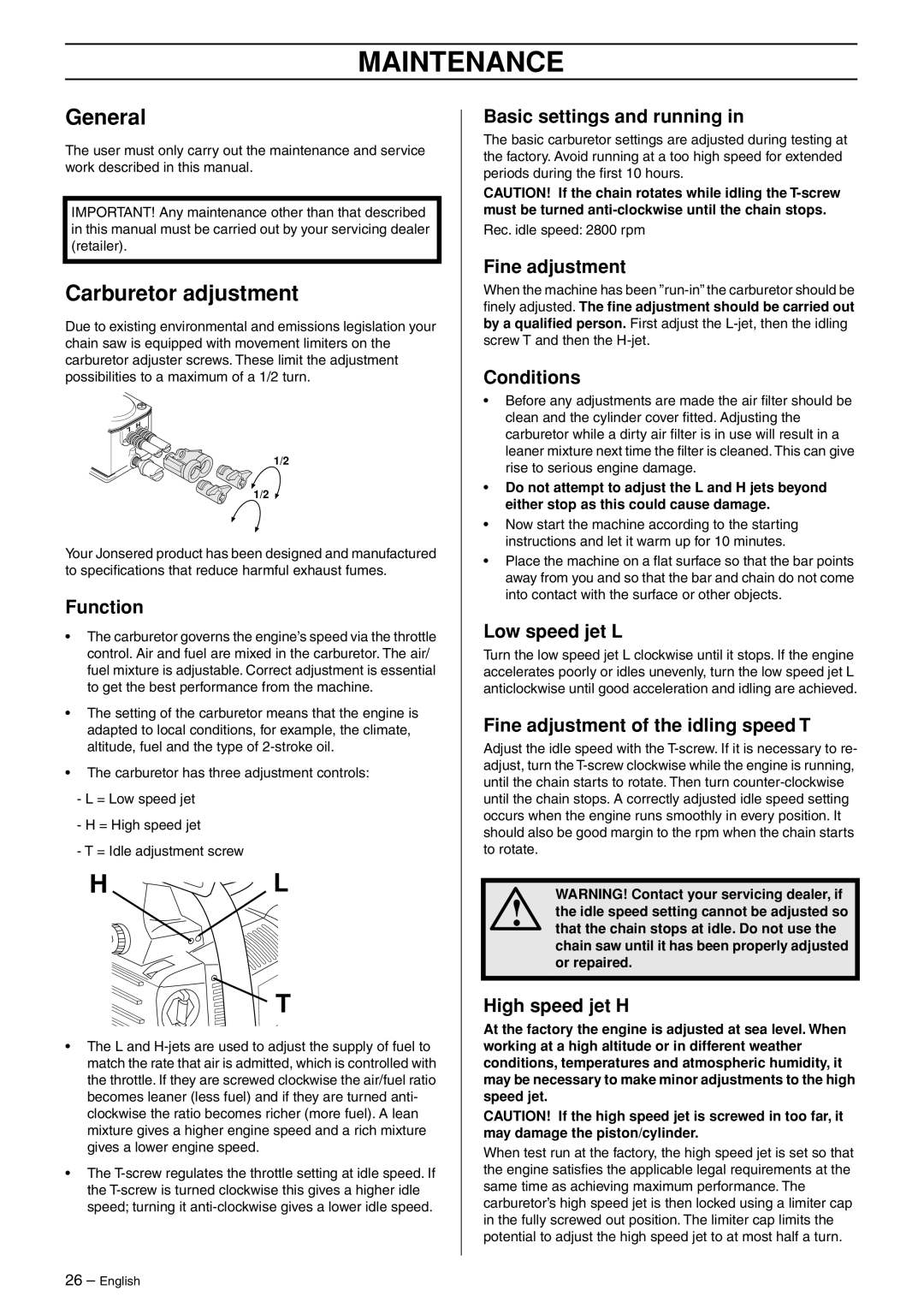 Jonsered CS 2135T manual Maintenance, General, Carburetor adjustment 