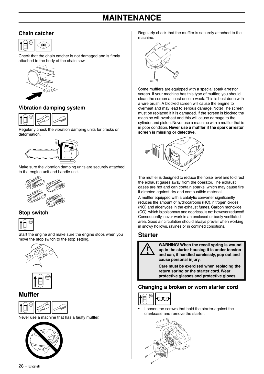 Jonsered CS 2135T manual Mufﬂer, Starter, Changing a broken or worn starter cord 