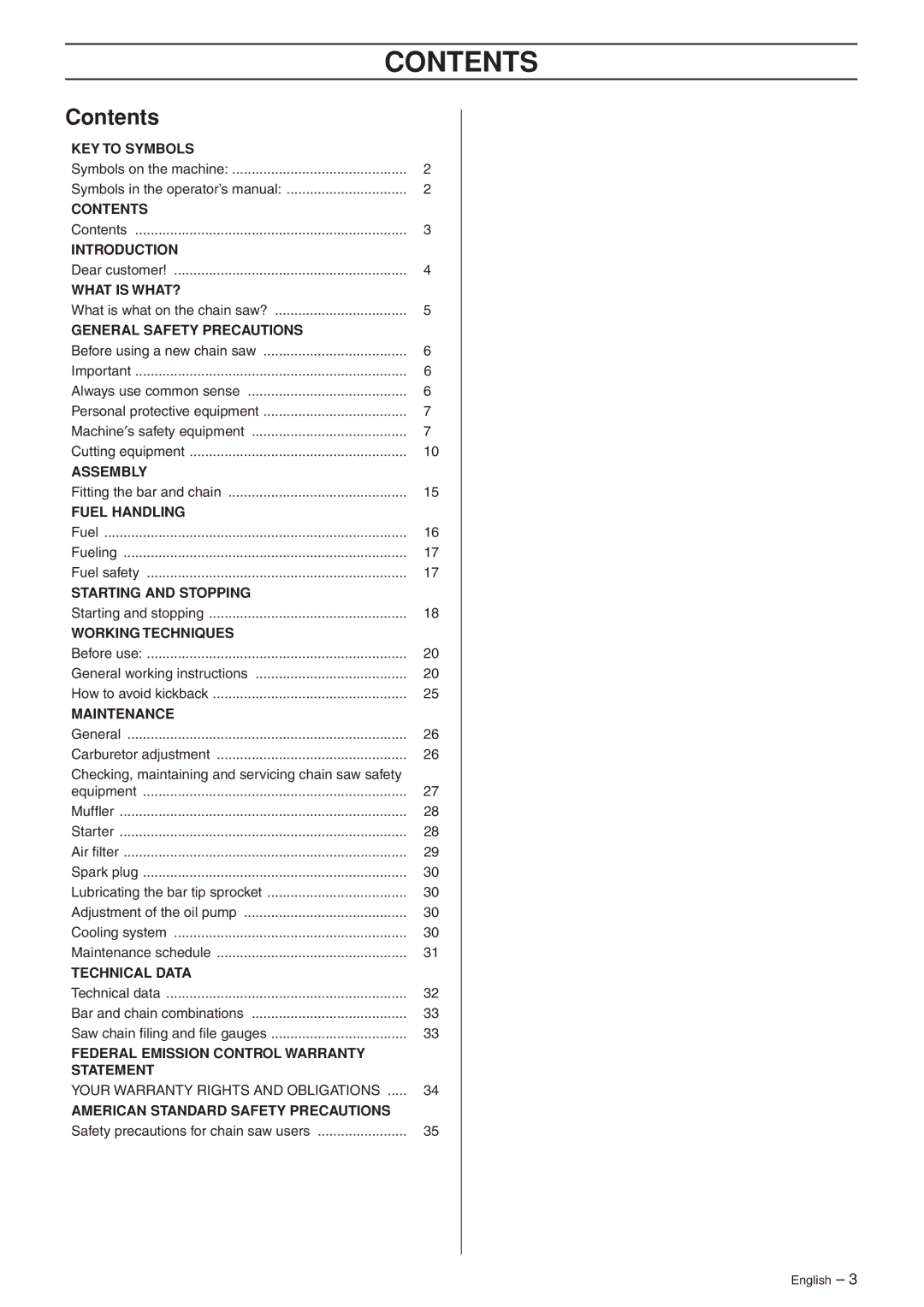 Jonsered CS 2135T manual Contents 