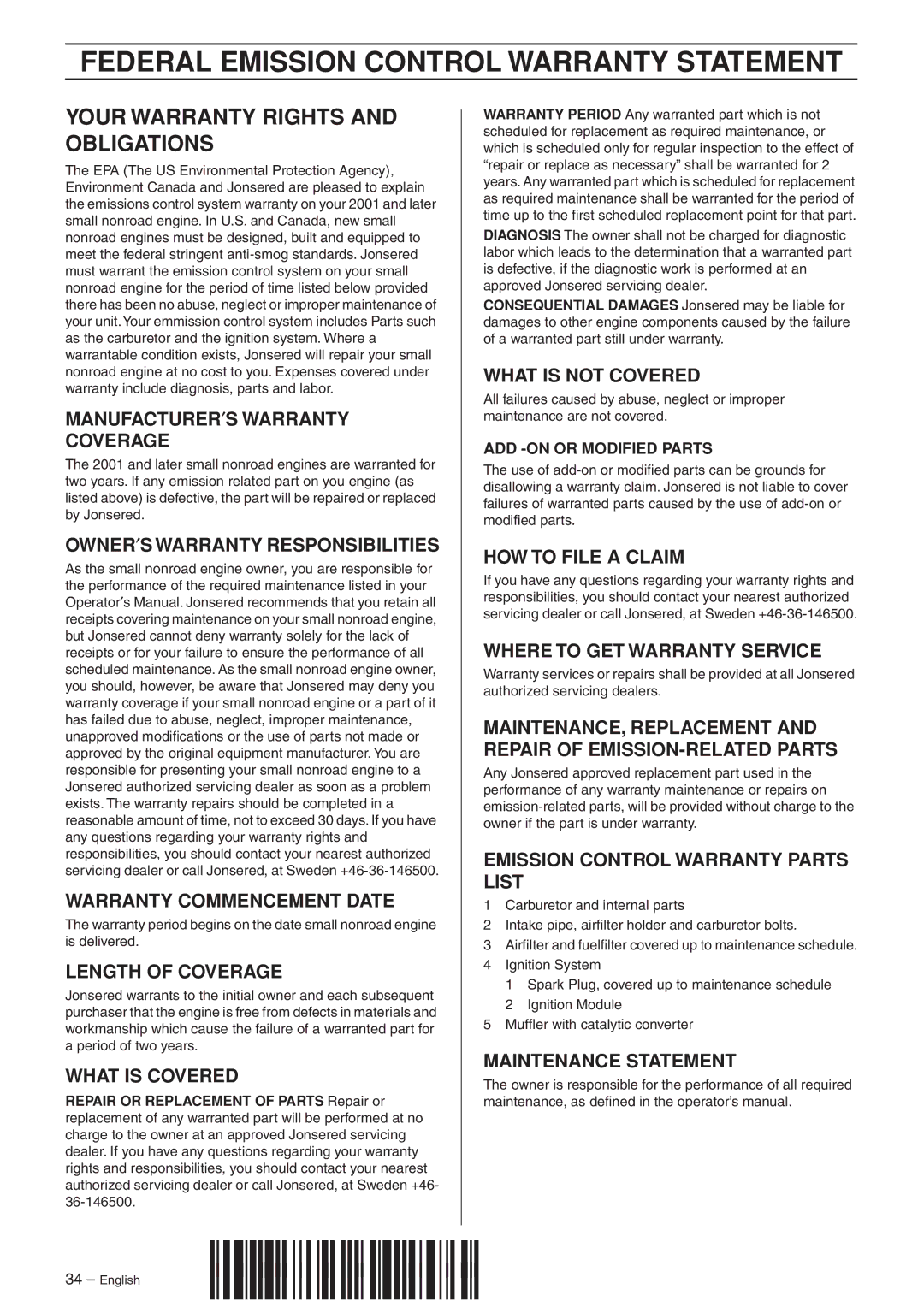 Jonsered CS 2135T manual Federal Emission Control Warranty Statement, Your Warranty Rights and Obligations 