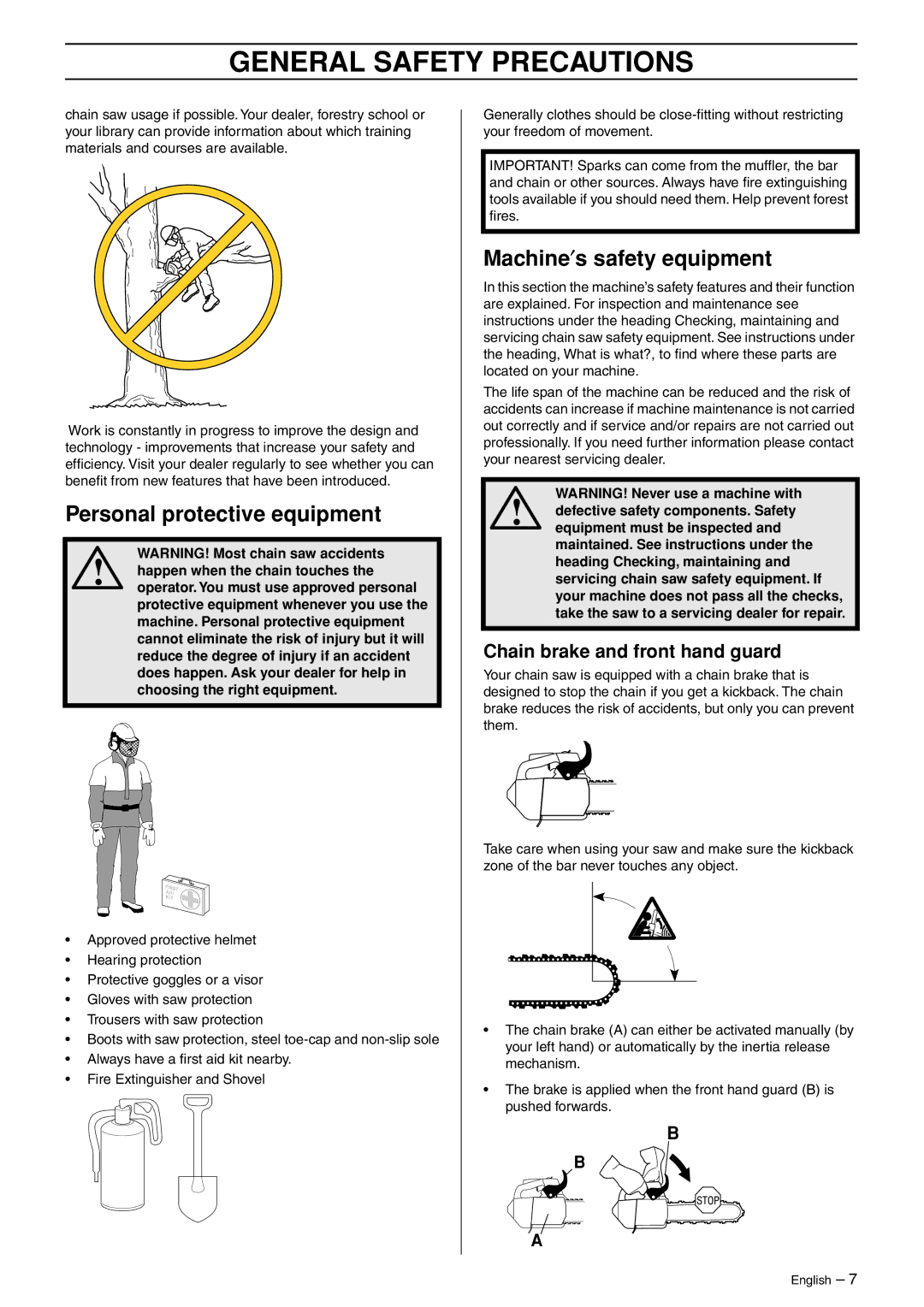 Jonsered CS 2135T manual Personal protective equipment, Machine′s safety equipment, Chain brake and front hand guard 