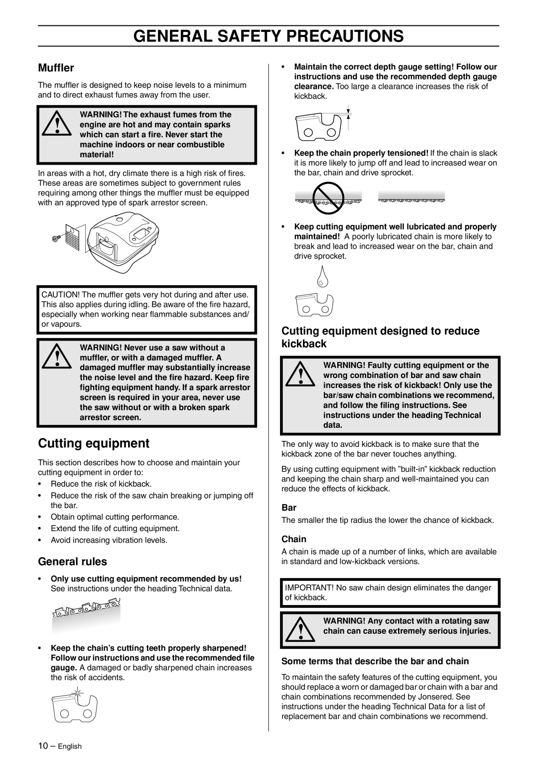 Jonsered CS 2135T manual Mufﬂer, General rules, Cutting equipment designed to reduce kickback, Chain 