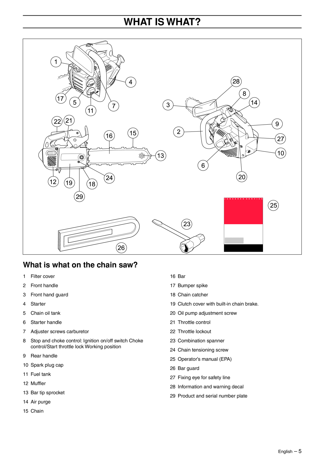 Jonsered CS 2135T manual What Is What?, What is what on the chain saw? 