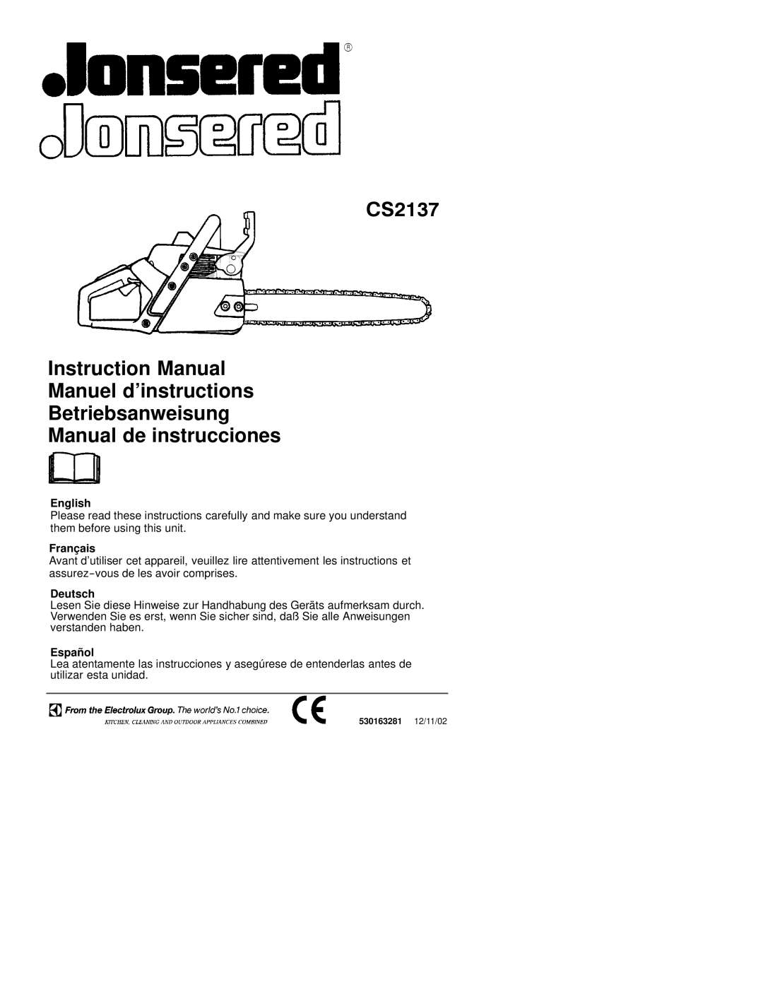 Jonsered CS 2137 instruction manual English, Français, Deutsch, Español 