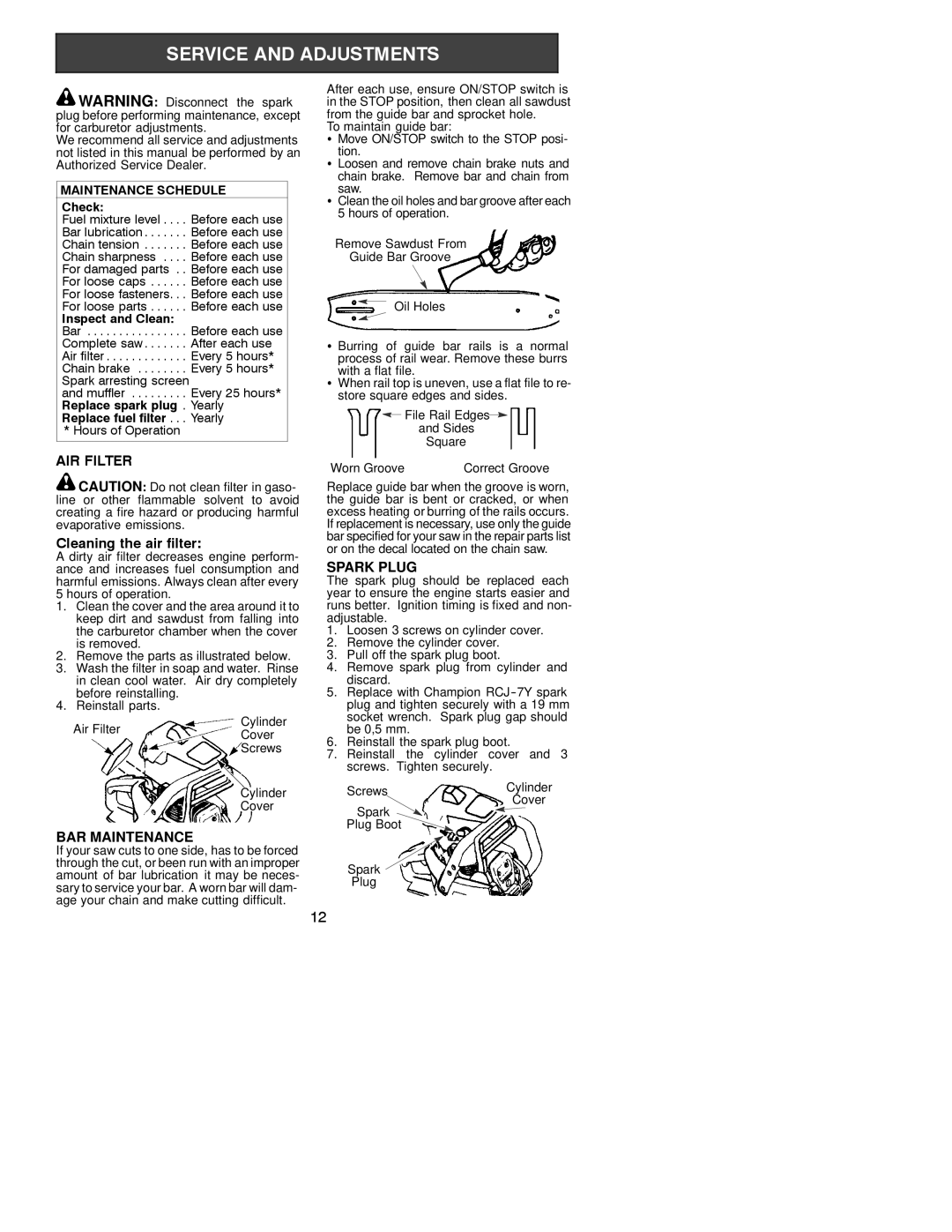 Jonsered CS 2137 instruction manual AIR Filter, Cleaning the air filter, BAR Maintenance, Spark Plug 