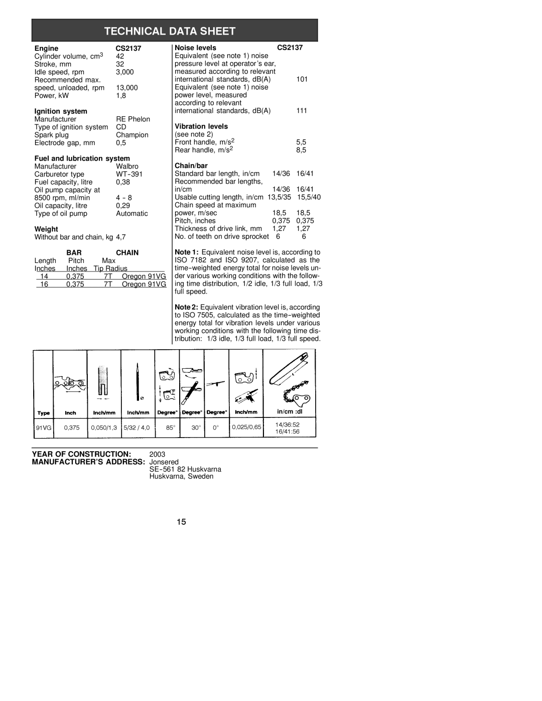 Jonsered CS 2137 instruction manual Without bar and chain, kg, See note Front handle, m/s2 Rear handle, m/s2 