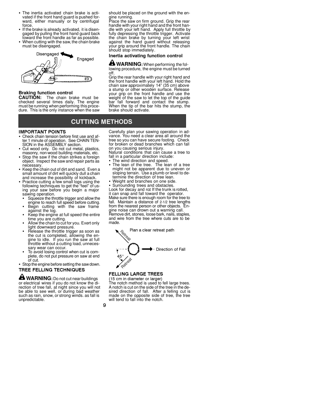 Jonsered CS 2137 Braking function control, Inertia activating function control, Important Points, Tree Felling Techniques 