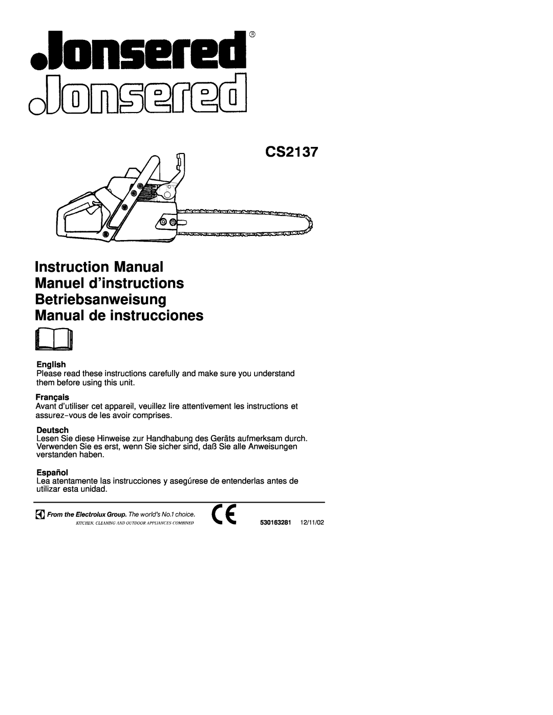 Jonsered CS 2137 instruction manual English, Français, Deutsch, Español, CS2137, Manual de instrucciones 