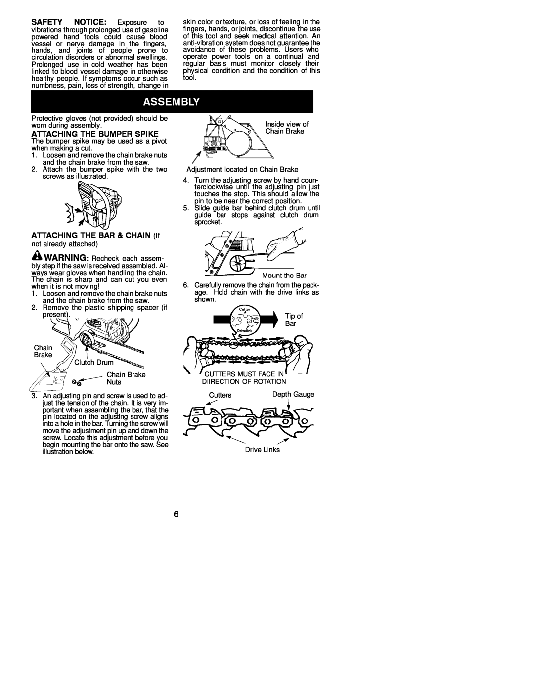 Jonsered CS 2137 instruction manual SAFETY NOTICE Exposure to, Attaching The Bumper Spike, ATTACHING THE BAR & CHAIN If 