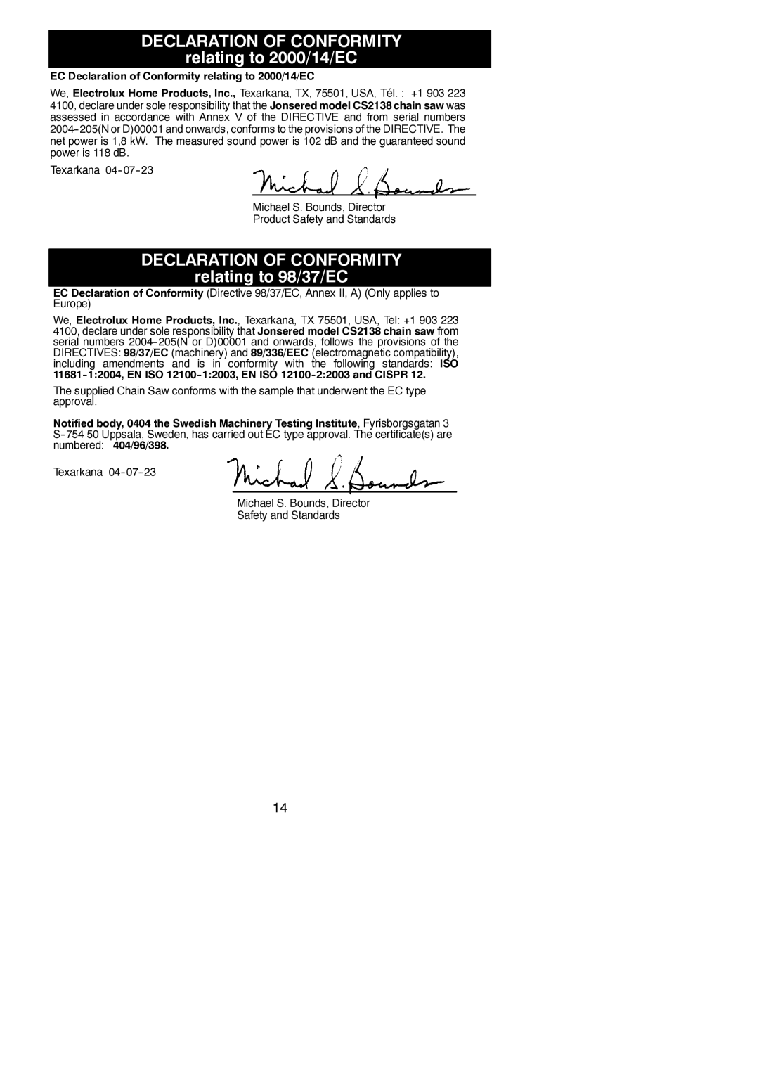 Jonsered CS 2138 instruction manual EC Declaration of Conformity relating to 2000/14/EC 