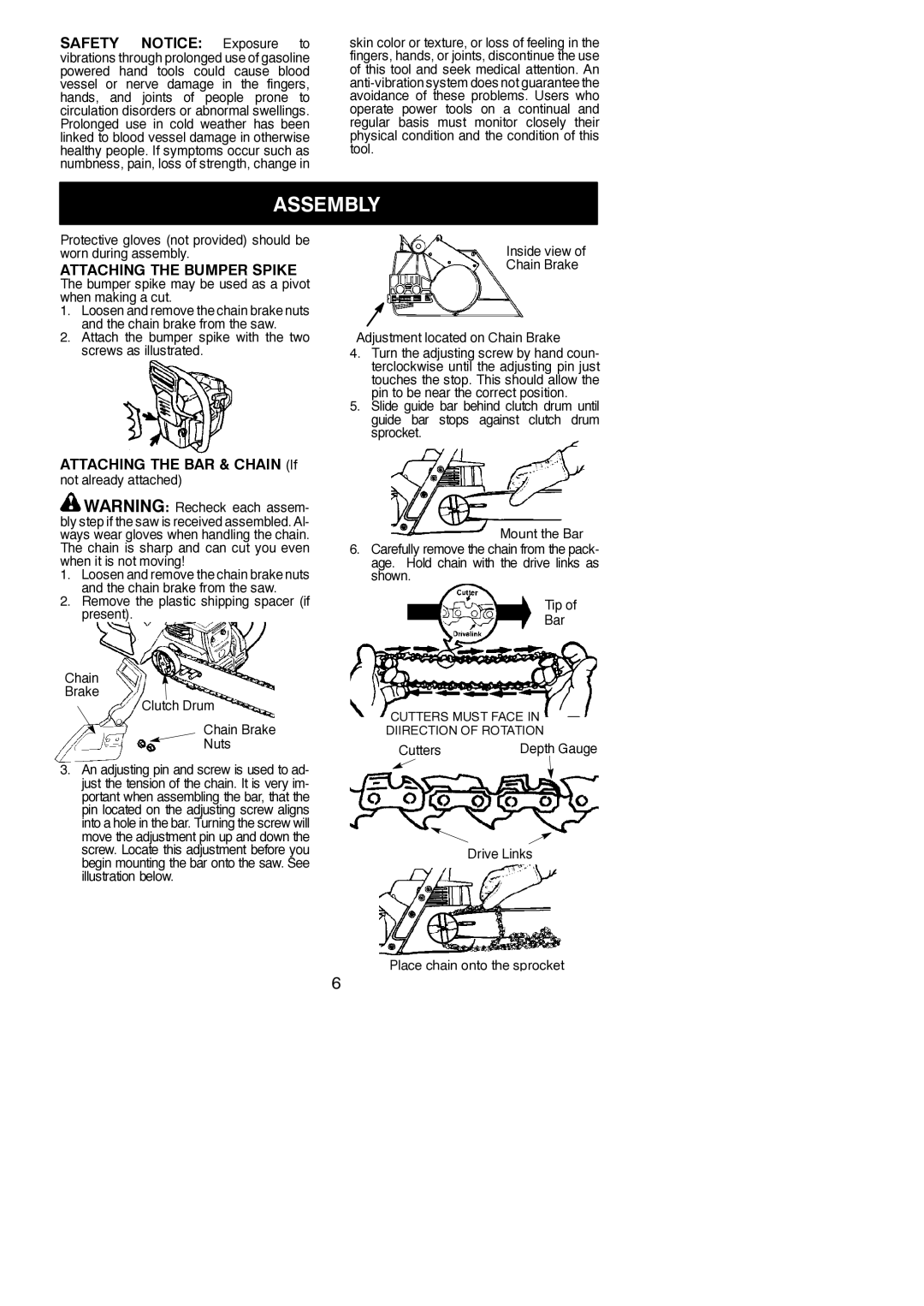 Jonsered CS 2138 Assembly, Safety Notice Exposure to, Attaching the Bumper Spike, Attaching the BAR & Chain If 