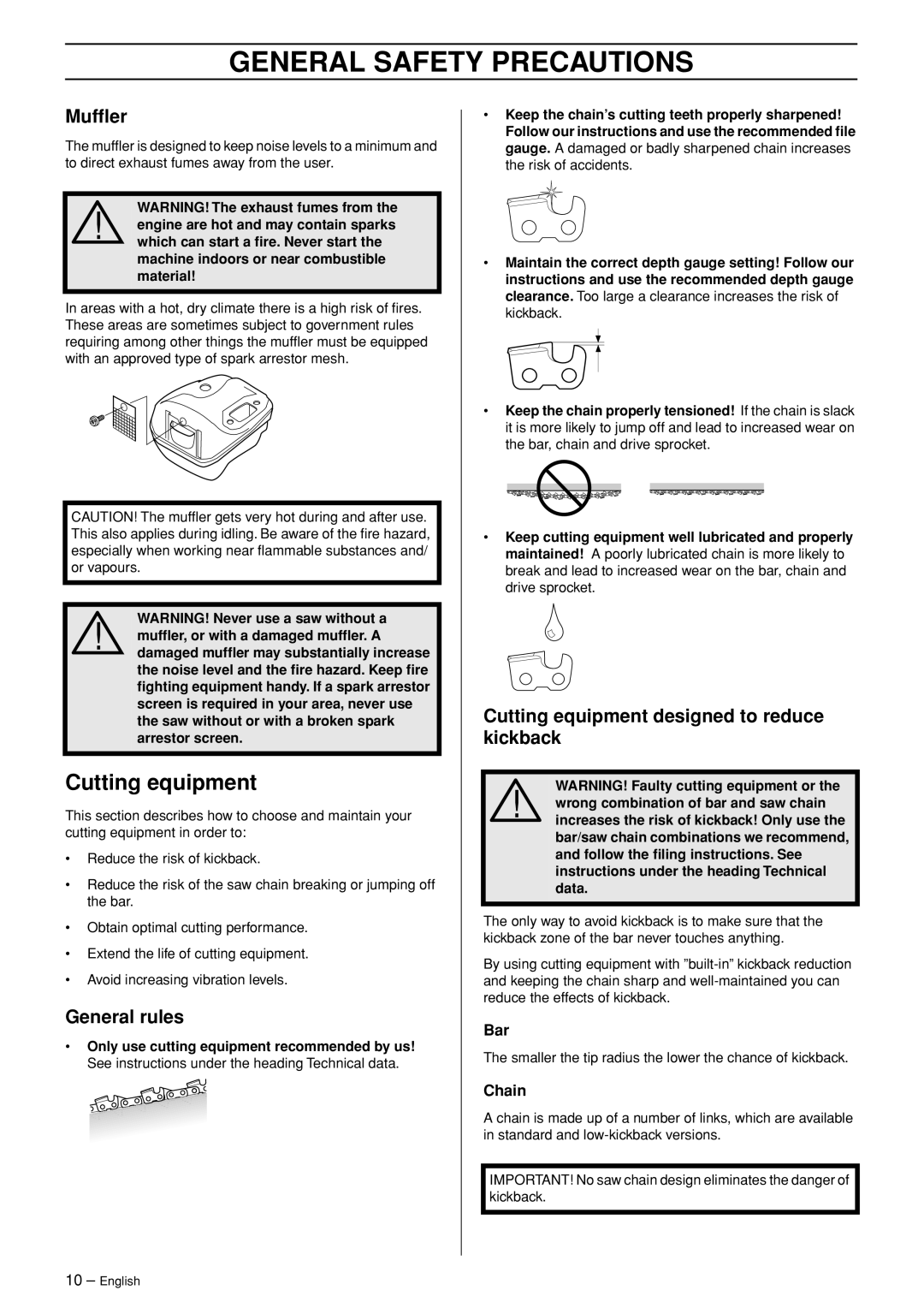 Jonsered CS 2139T manual Mufﬂer, General rules, Cutting equipment designed to reduce kickback 