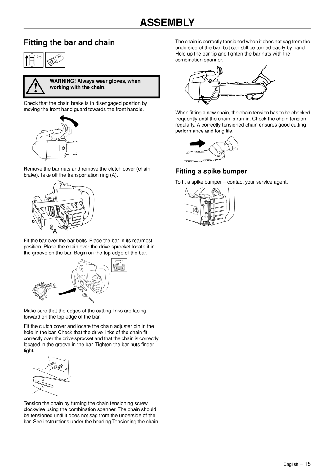 Jonsered CS 2139T manual Assembly, Fitting the bar and chain, Fitting a spike bumper 