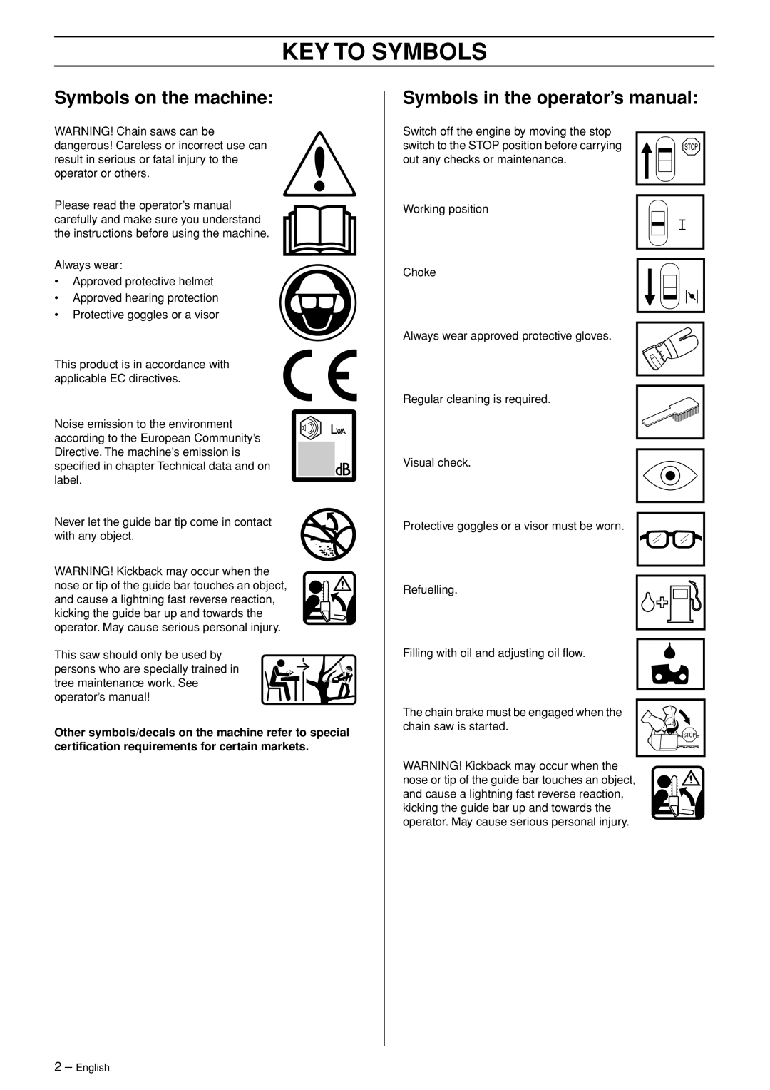 Jonsered CS 2139T KEY to Symbols, Symbols on the machine, Symbols in the operator’s manual 