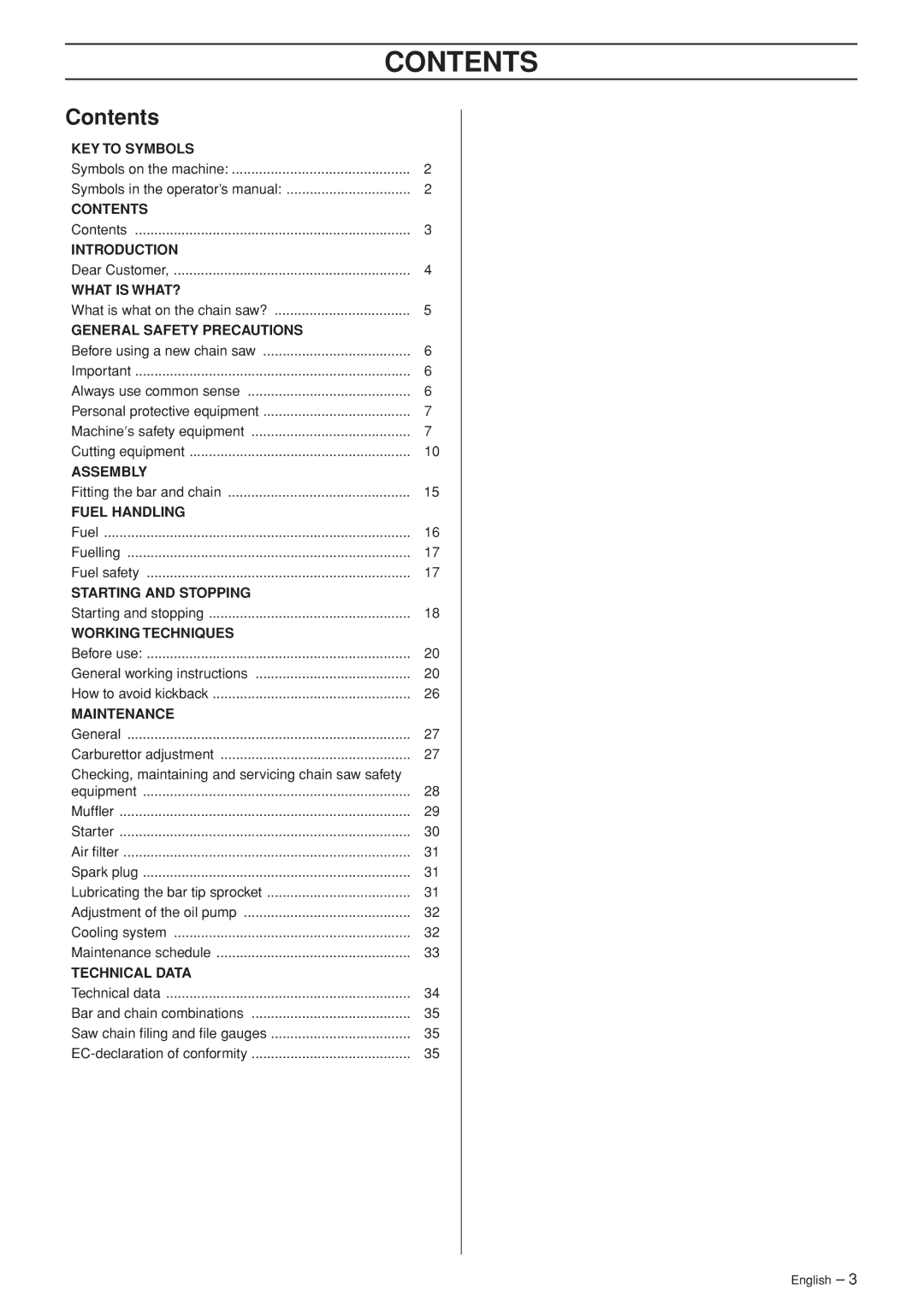 Jonsered CS 2139T manual Contents 