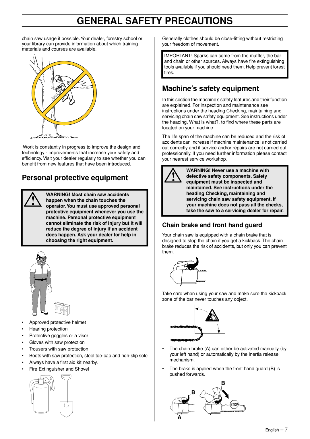 Jonsered CS 2139T manual Personal protective equipment, Machine′s safety equipment, Chain brake and front hand guard 