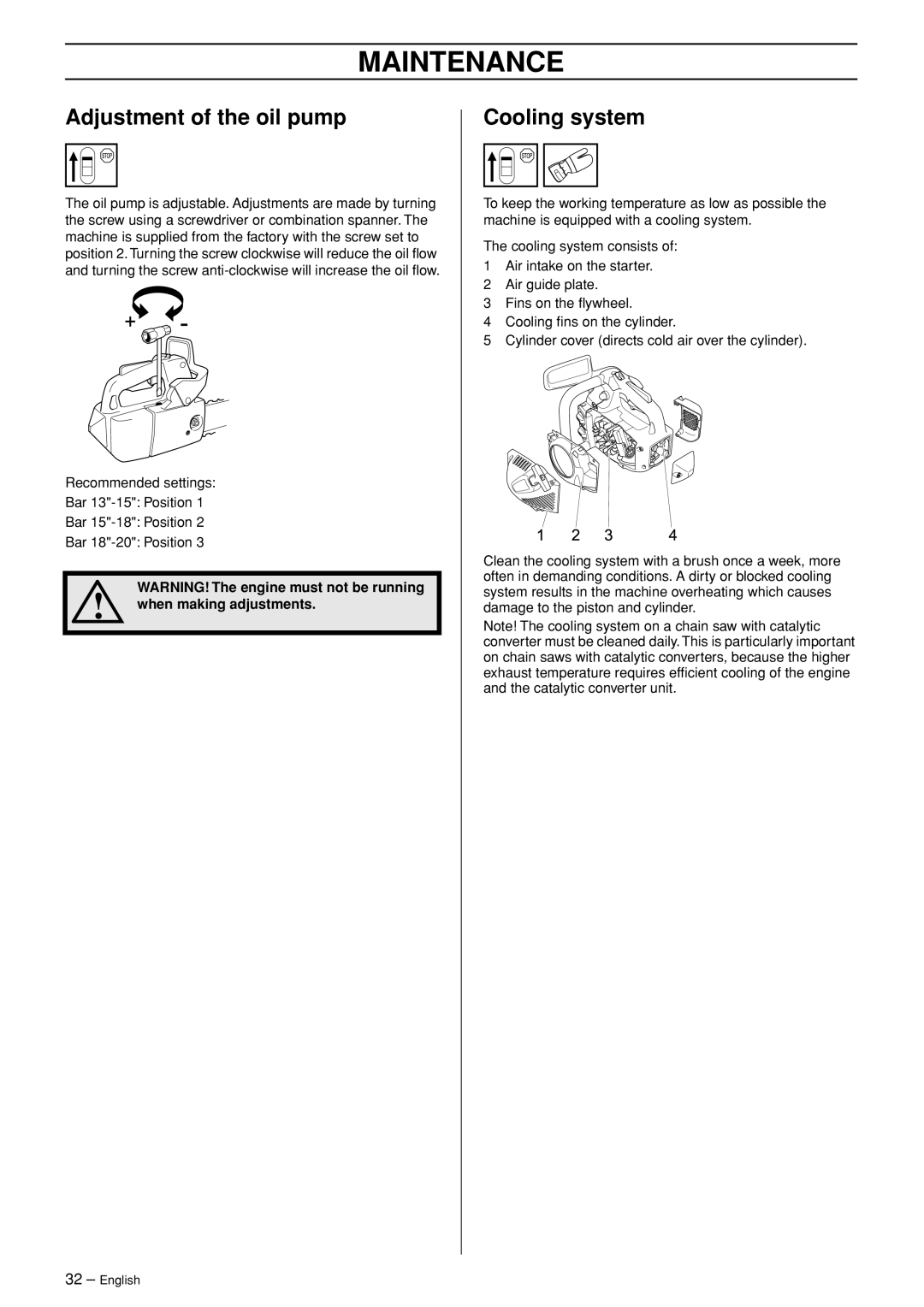 Jonsered CS 2139T manual Adjustment of the oil pump, Cooling system, Maintenance 