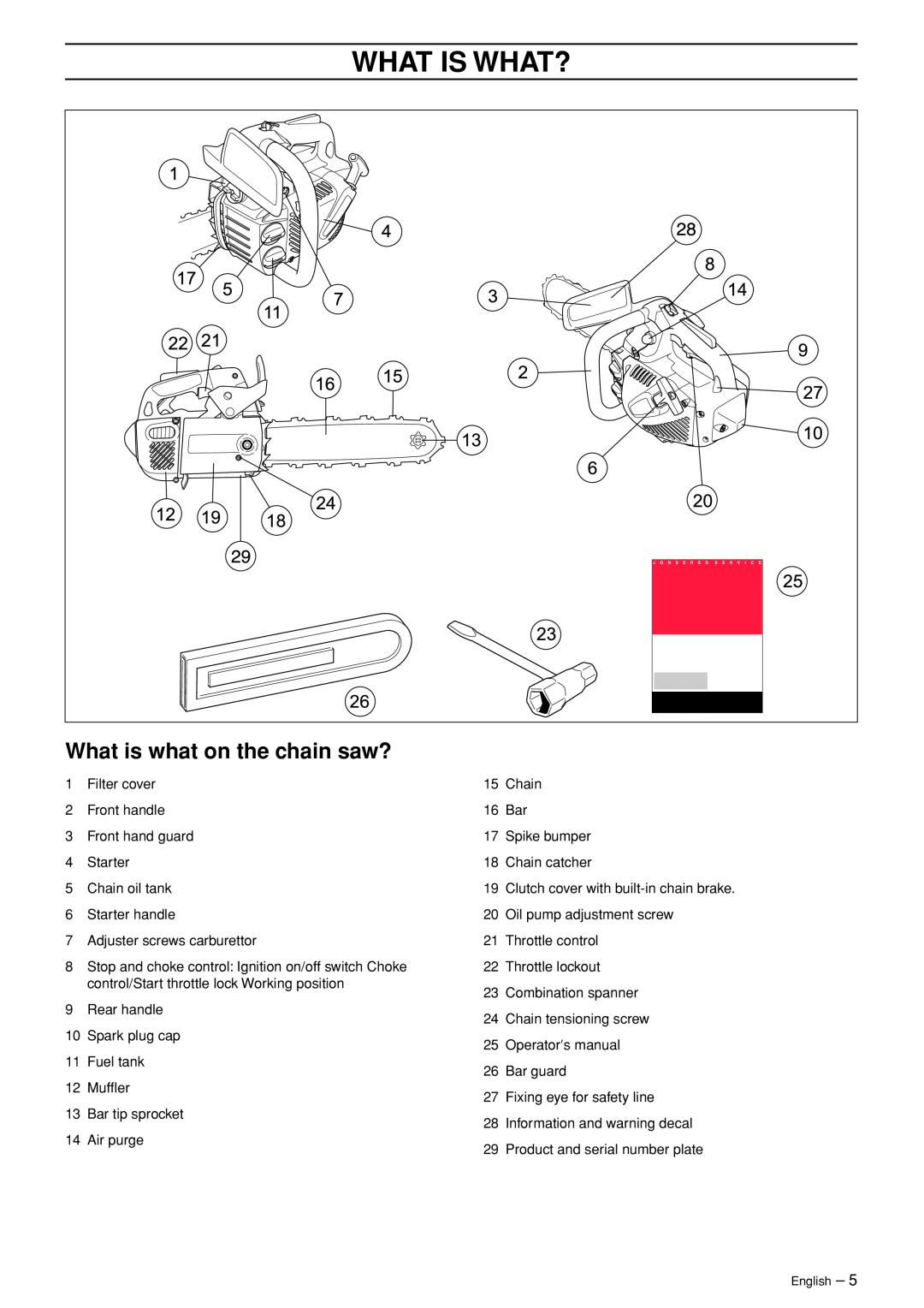 Jonsered CS 2139T manual What Is What?, What is what on the chain saw? 