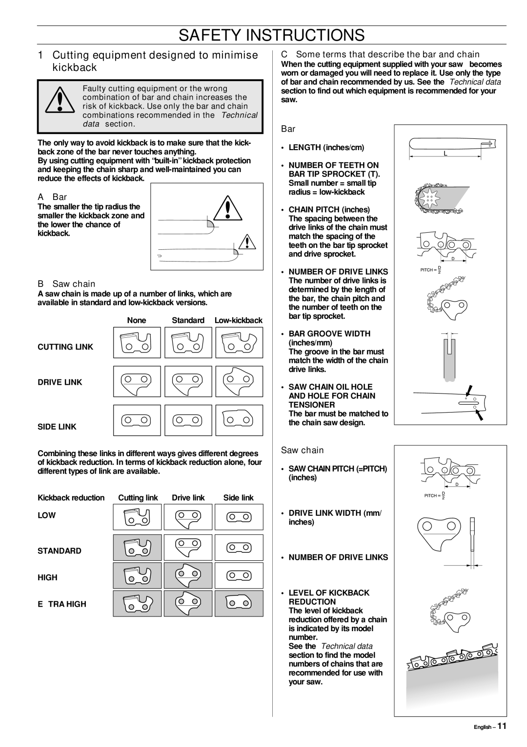 Jonsered CS 2145, CS 2141, CS 2150 manual Cutting equipment designed to minimise kickback, Bar, Saw chain 