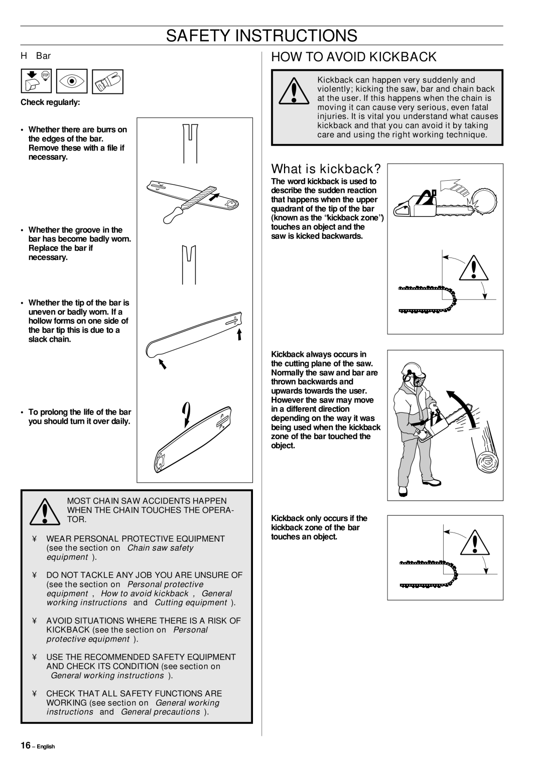 Jonsered CS 2150, CS 2141, CS 2145 manual HOW to Avoid Kickback, What is kickback? 